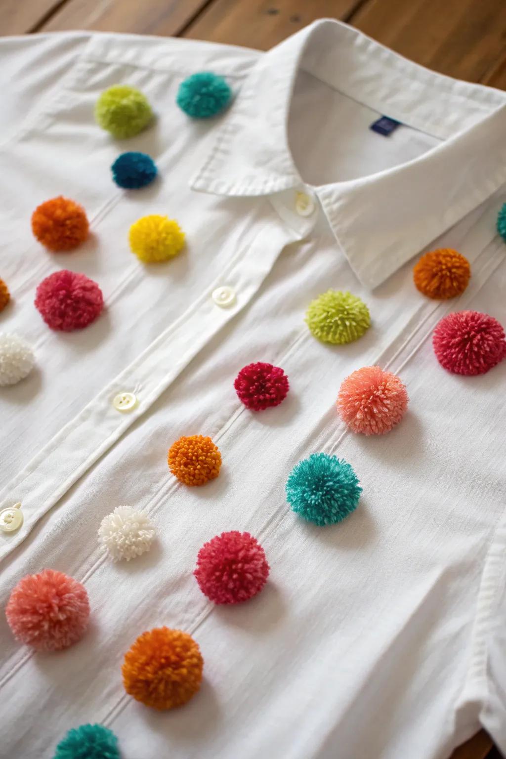 Transform an ordinary shirt into a vibrant pom-pom masterpiece for a playful and creative twist!