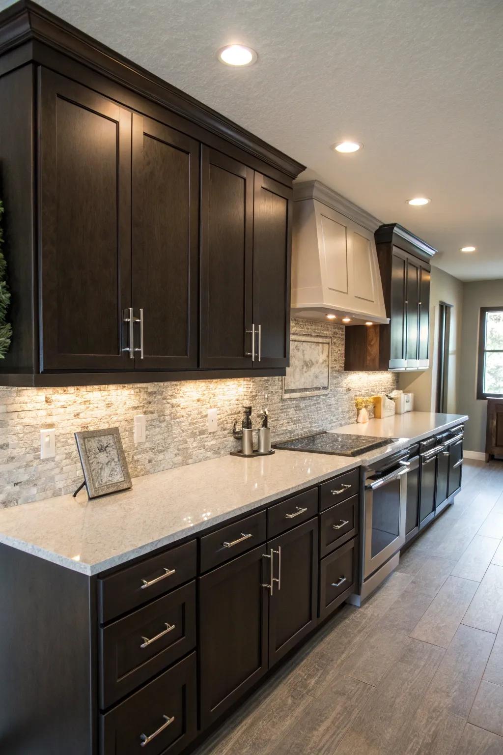 Dramatic dark cabinets are beautifully contrasted by a light quartz backsplash.