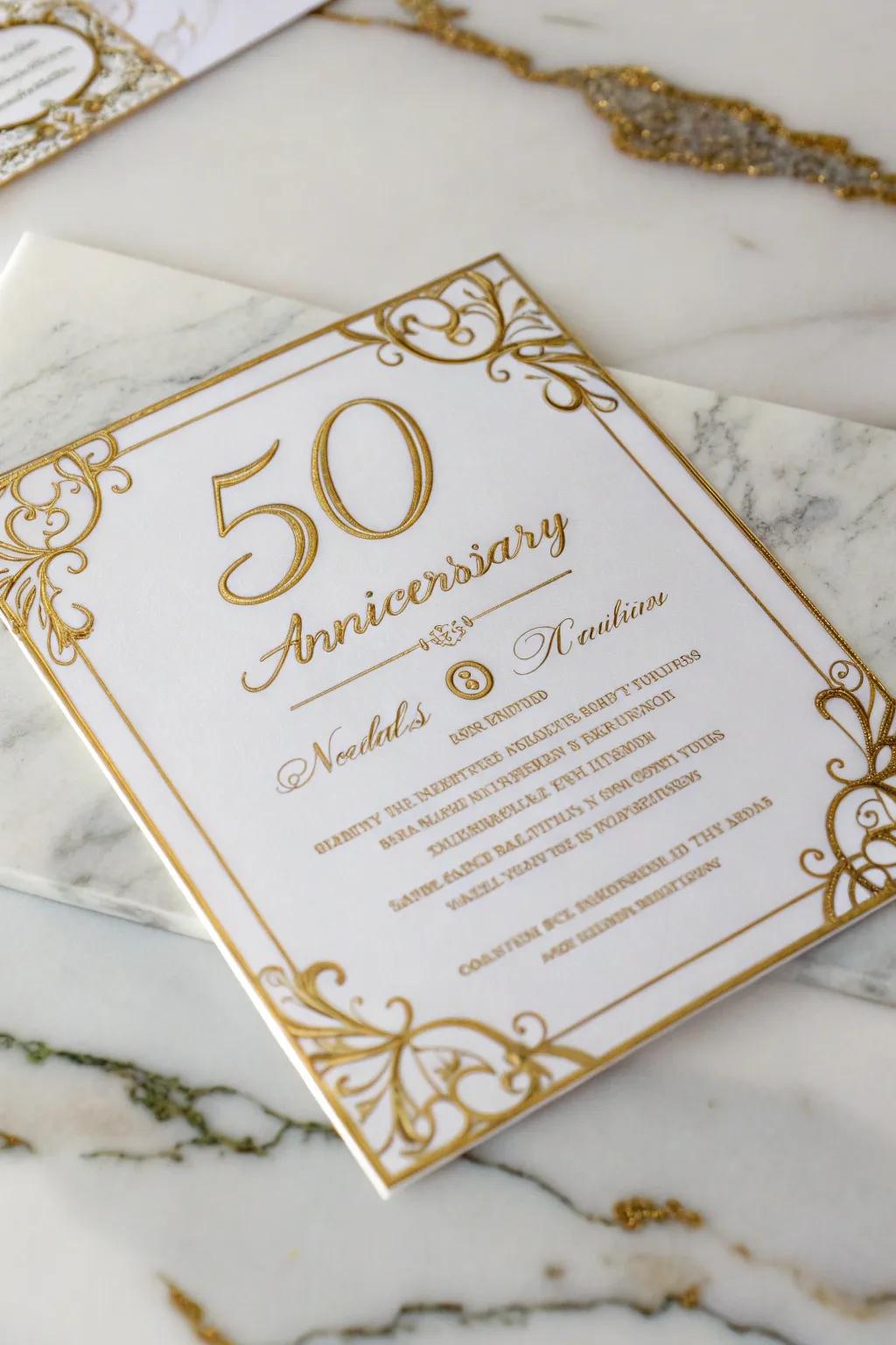 Highlight the golden milestone with invitations adorned with luxurious gold foil.