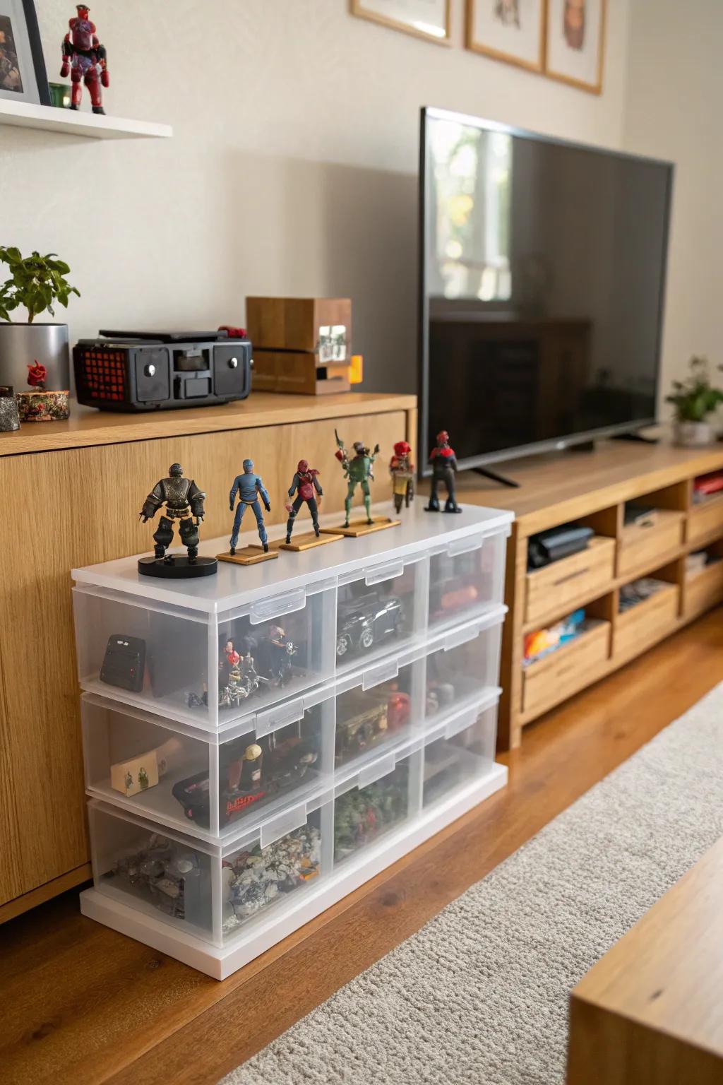 Organize action figures in clear compartmentalized boxes for easy access.