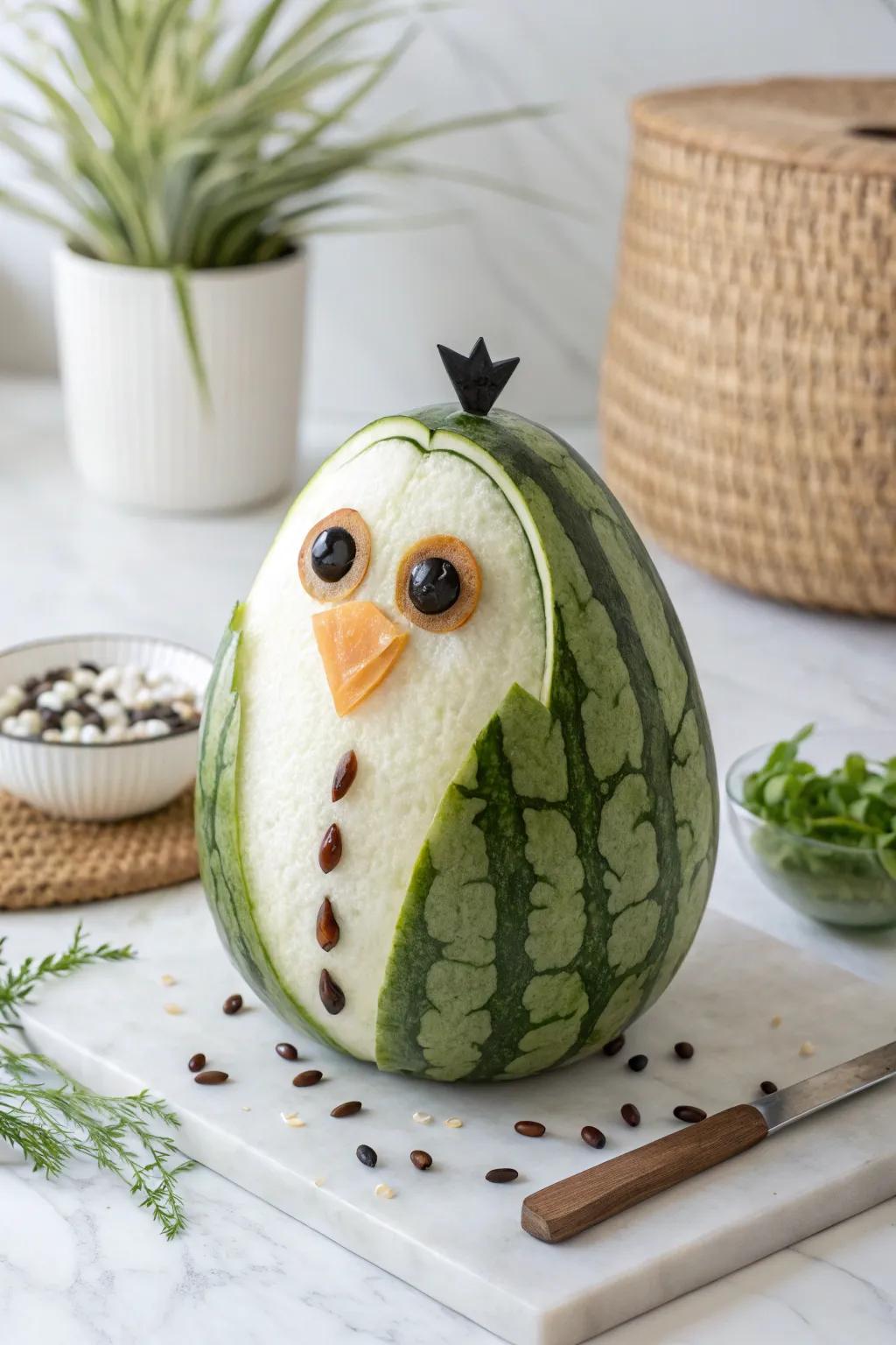 Whimsical Watermelon: A Charming Penguin Carving to Delight Your Guests!