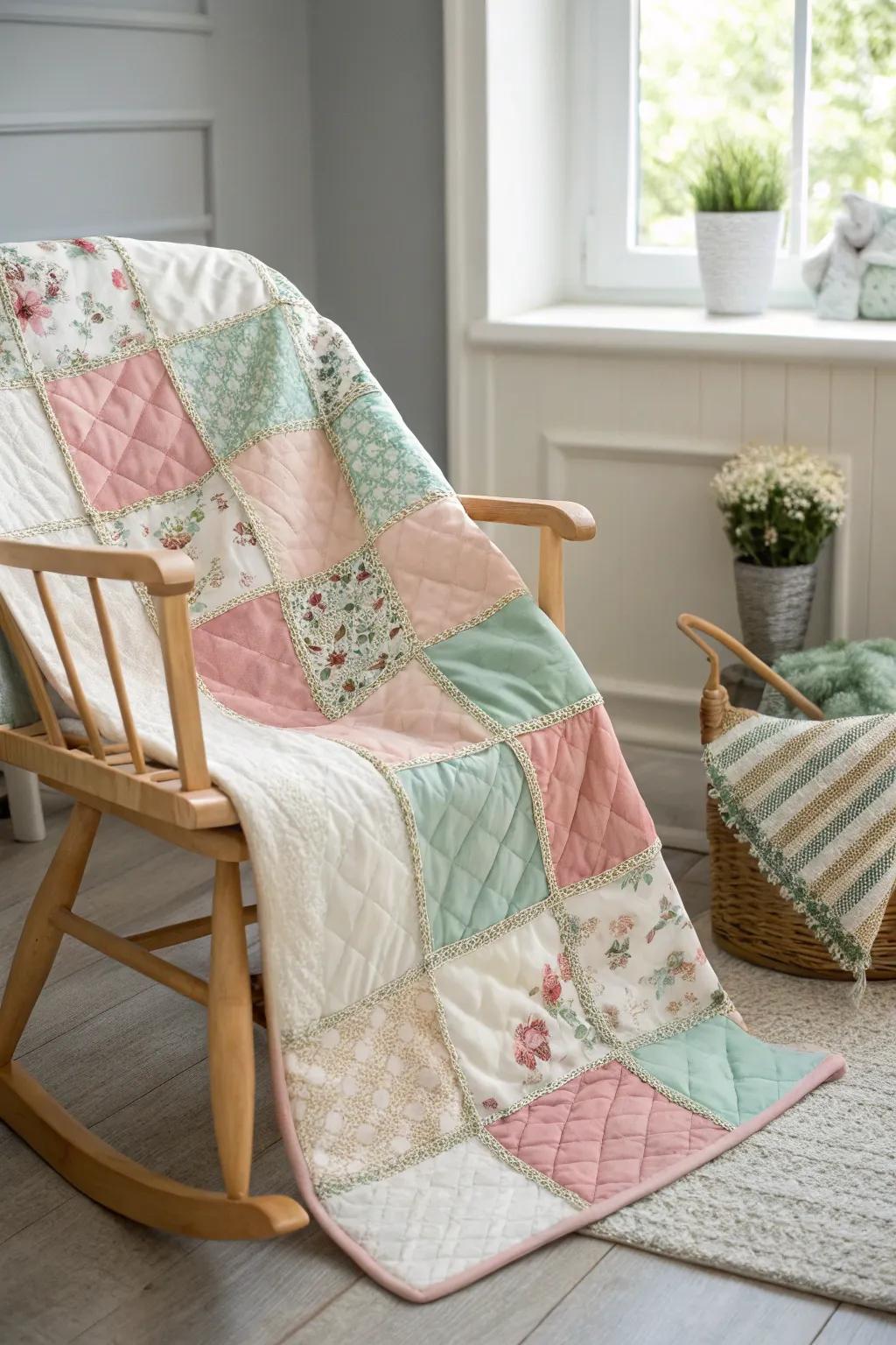 Discover the charm of patchwork magic with this elegant baby quilt, where simplicity meets bohemian flair.