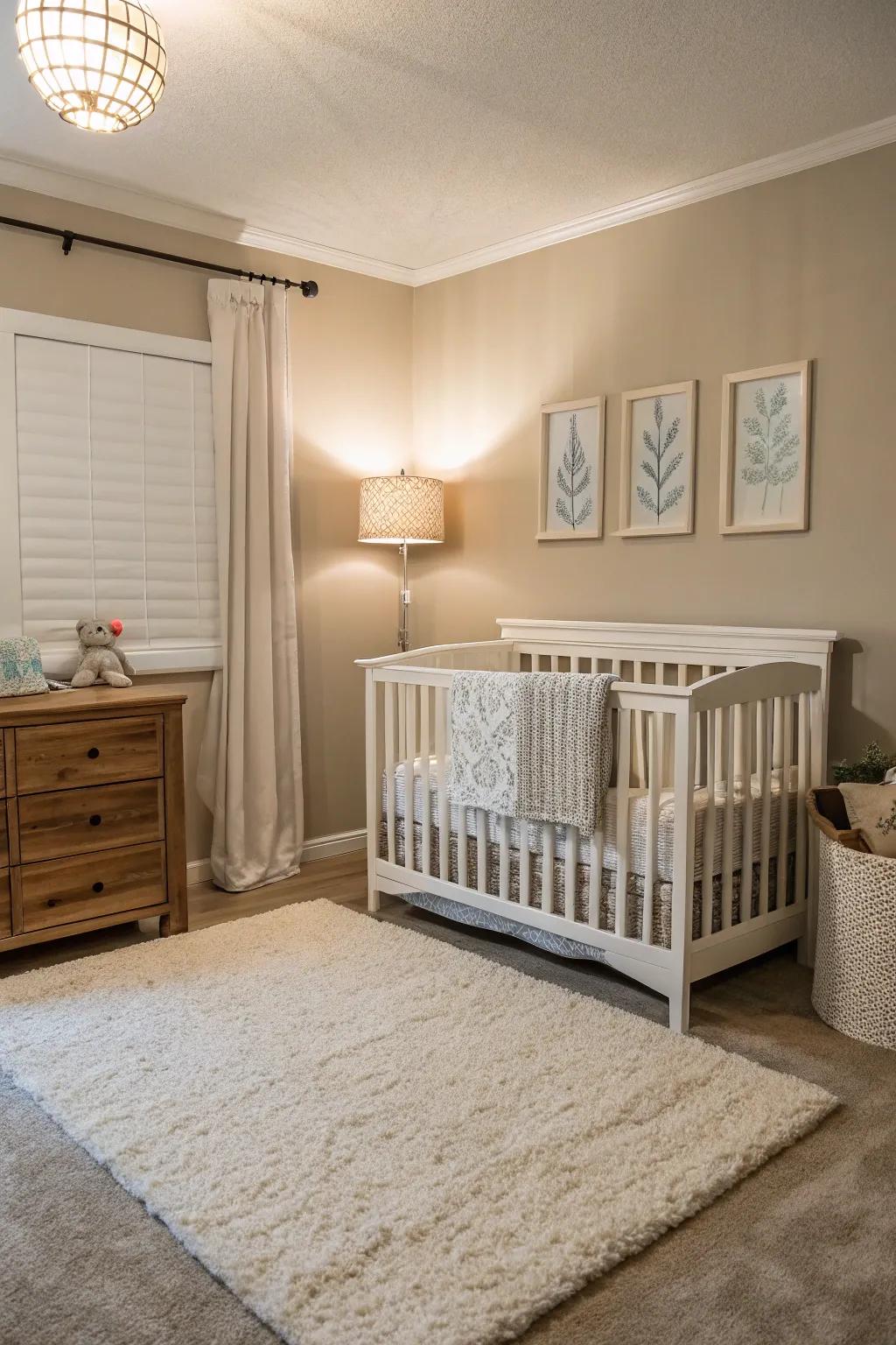 A centrally placed crib creates a harmonious focal point in the nursery.