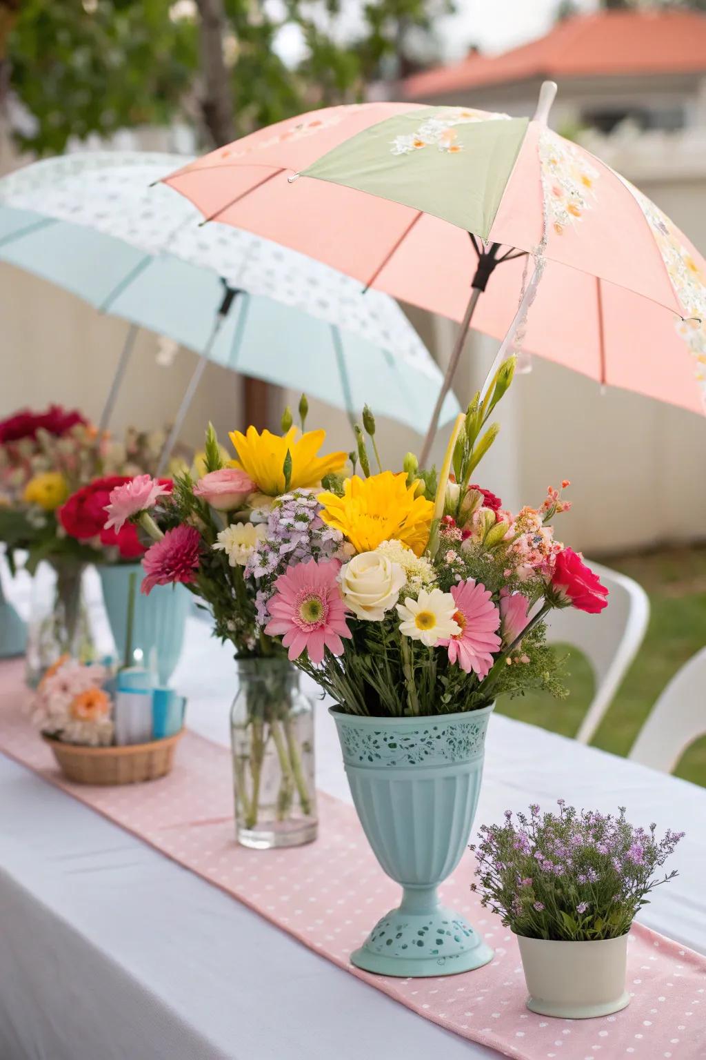 Brighten up your tables with floral umbrella centerpieces.