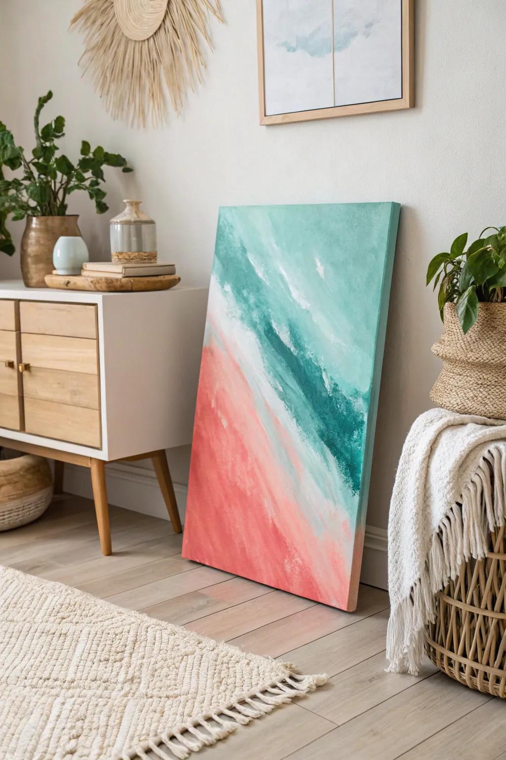 Transform your space with the serene blend of teal and coral, a minimalist masterpiece for the modern home.