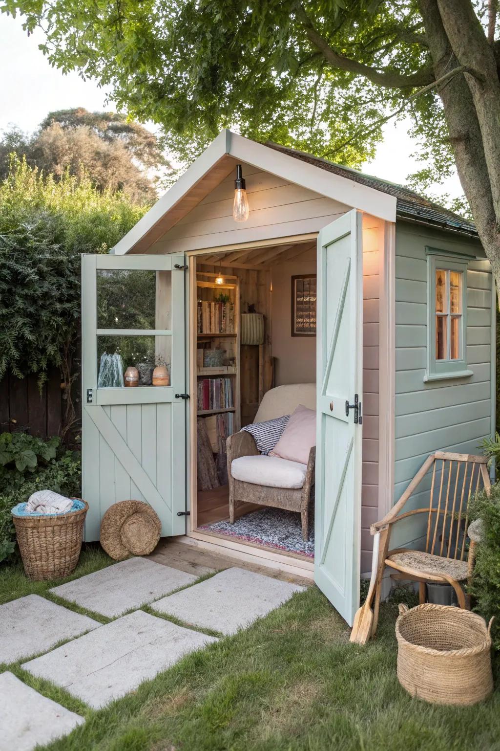 Transform your garden shed into a serene dual-purpose retreat with minimalist charm and Boho flair.