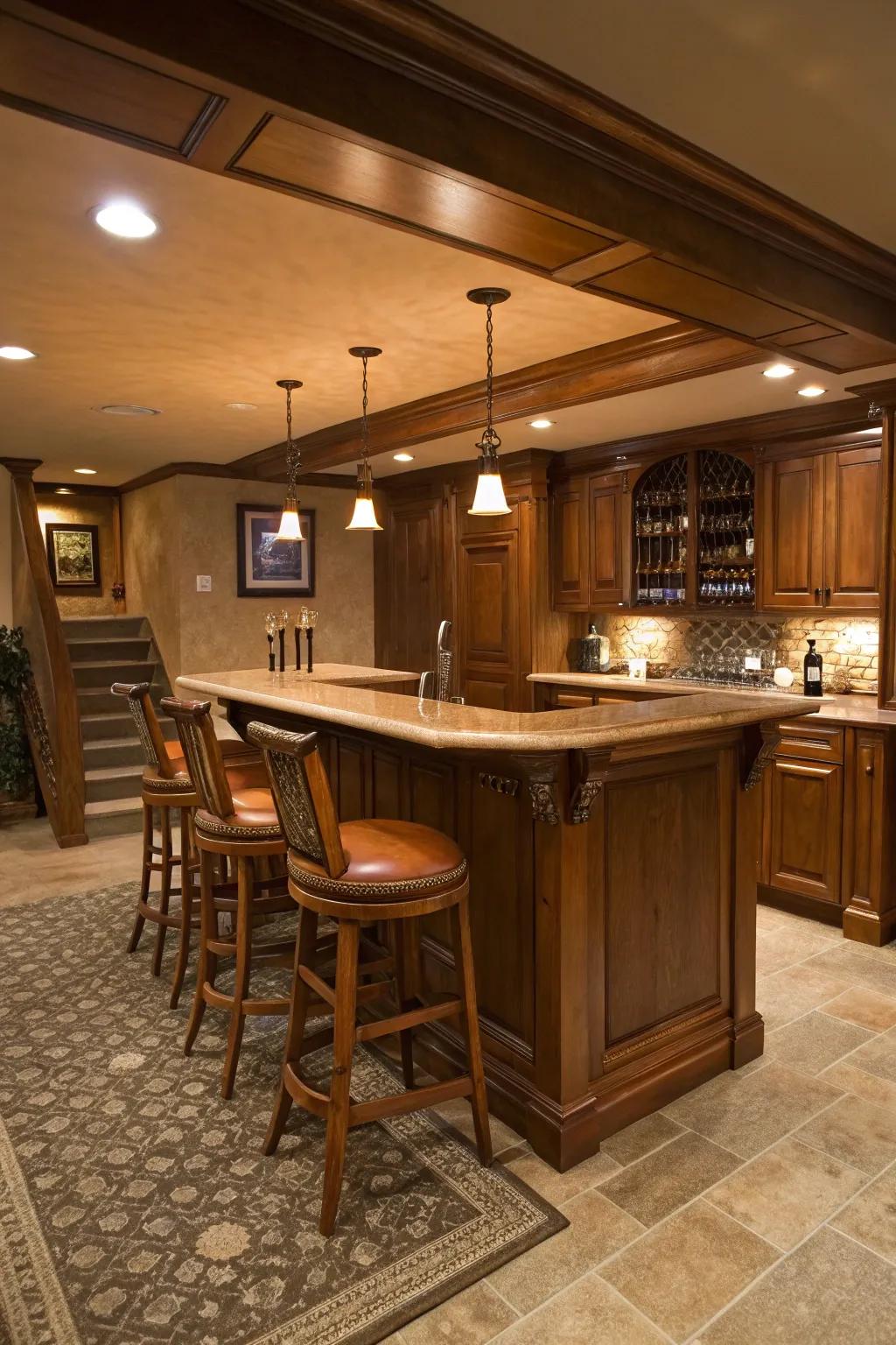 Comfortable bar seating encourages casual gatherings around the basement island.