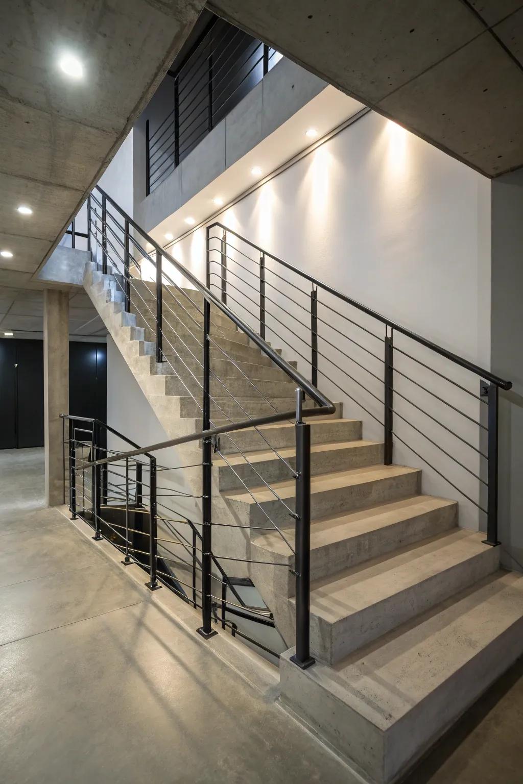 Steel railings provide a minimalist and contemporary aesthetic for modern basements.