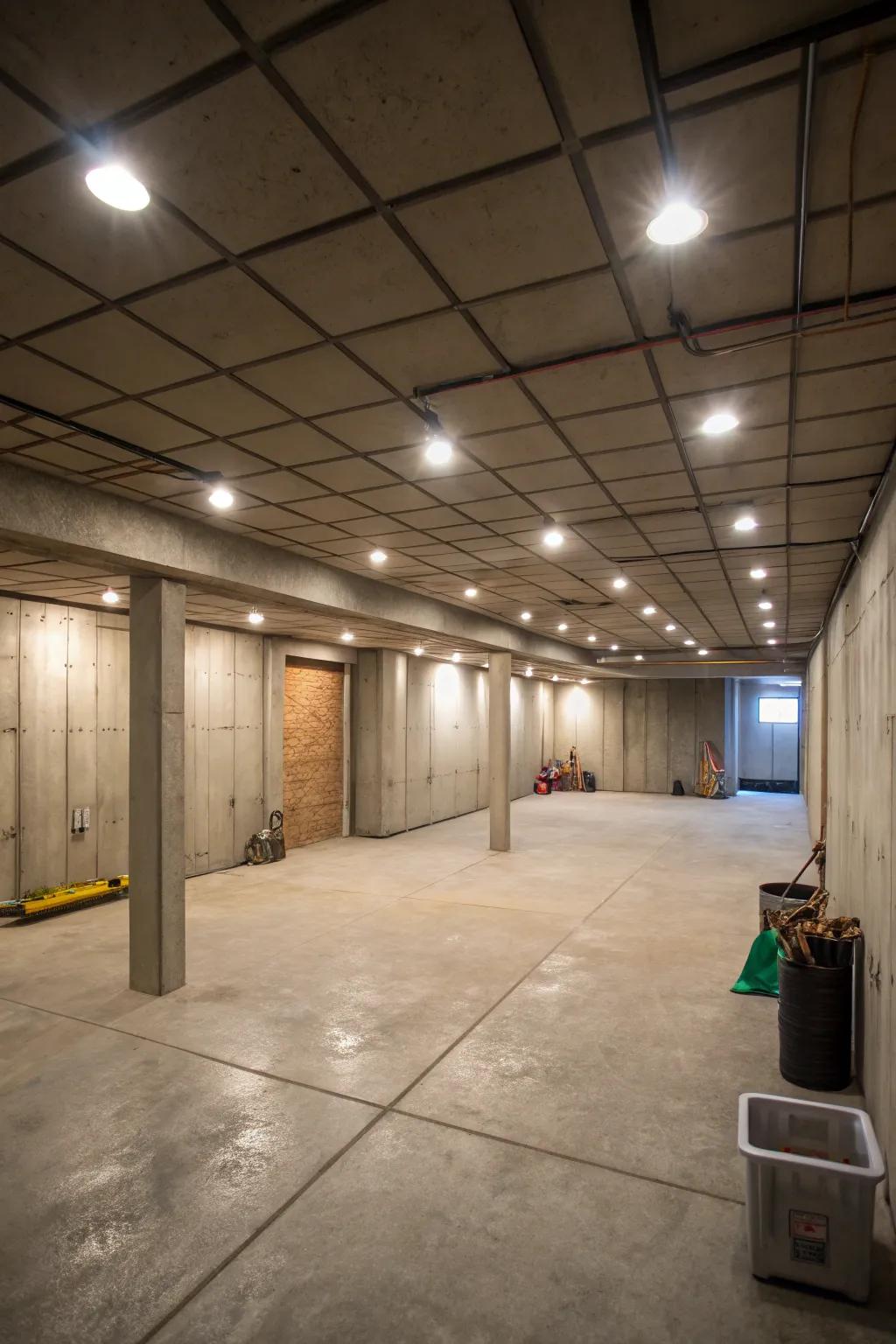 Recessed lights create a clean and modern look, perfect for basements.