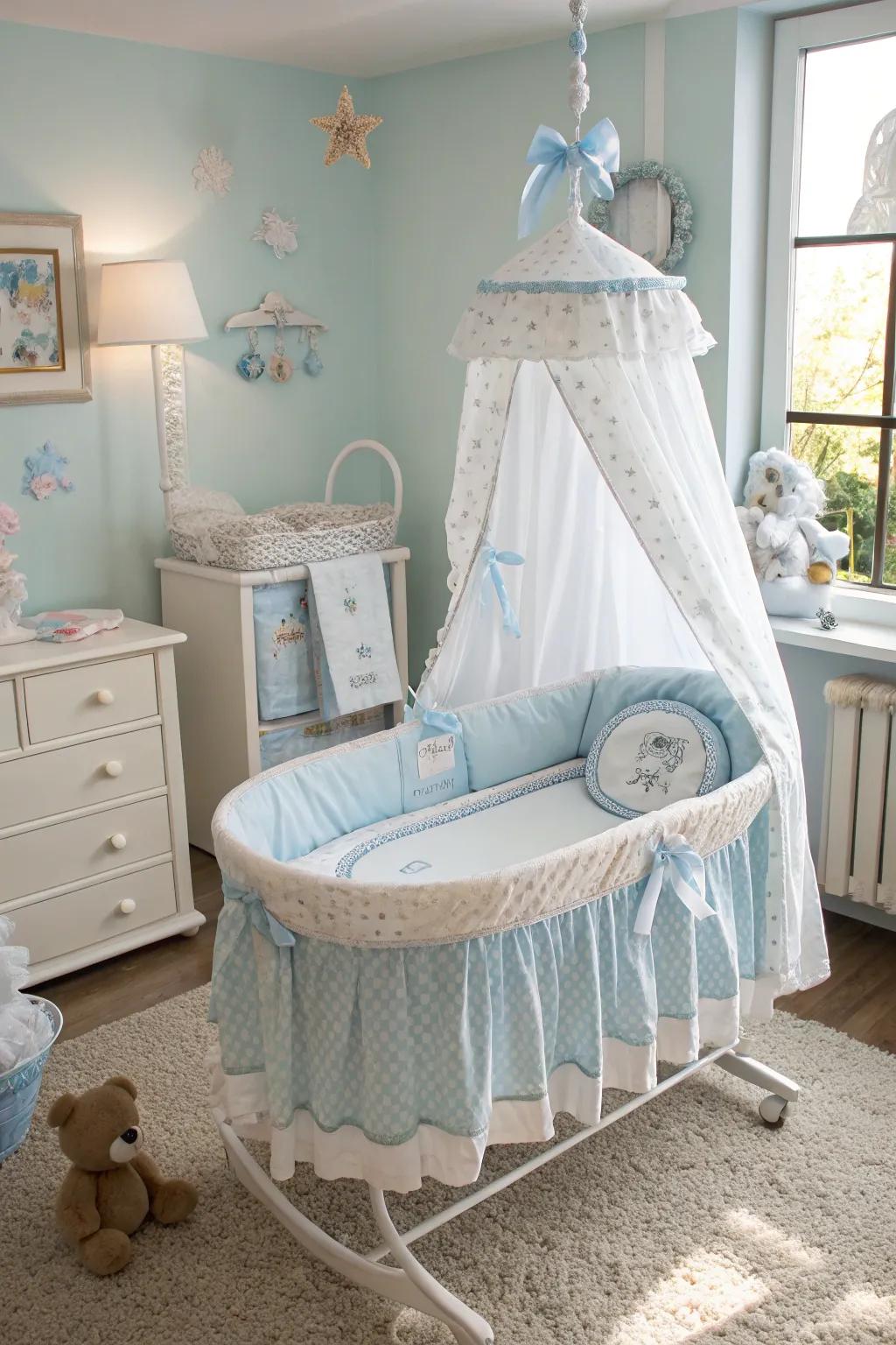 A serene blue and white bassinet setup.