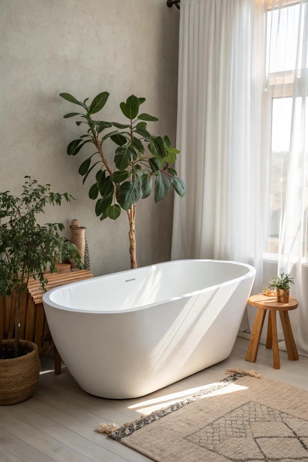 Transform your bathroom into a spa retreat with a stunning freestanding tub that blends minimalist elegance with Boho warmth.