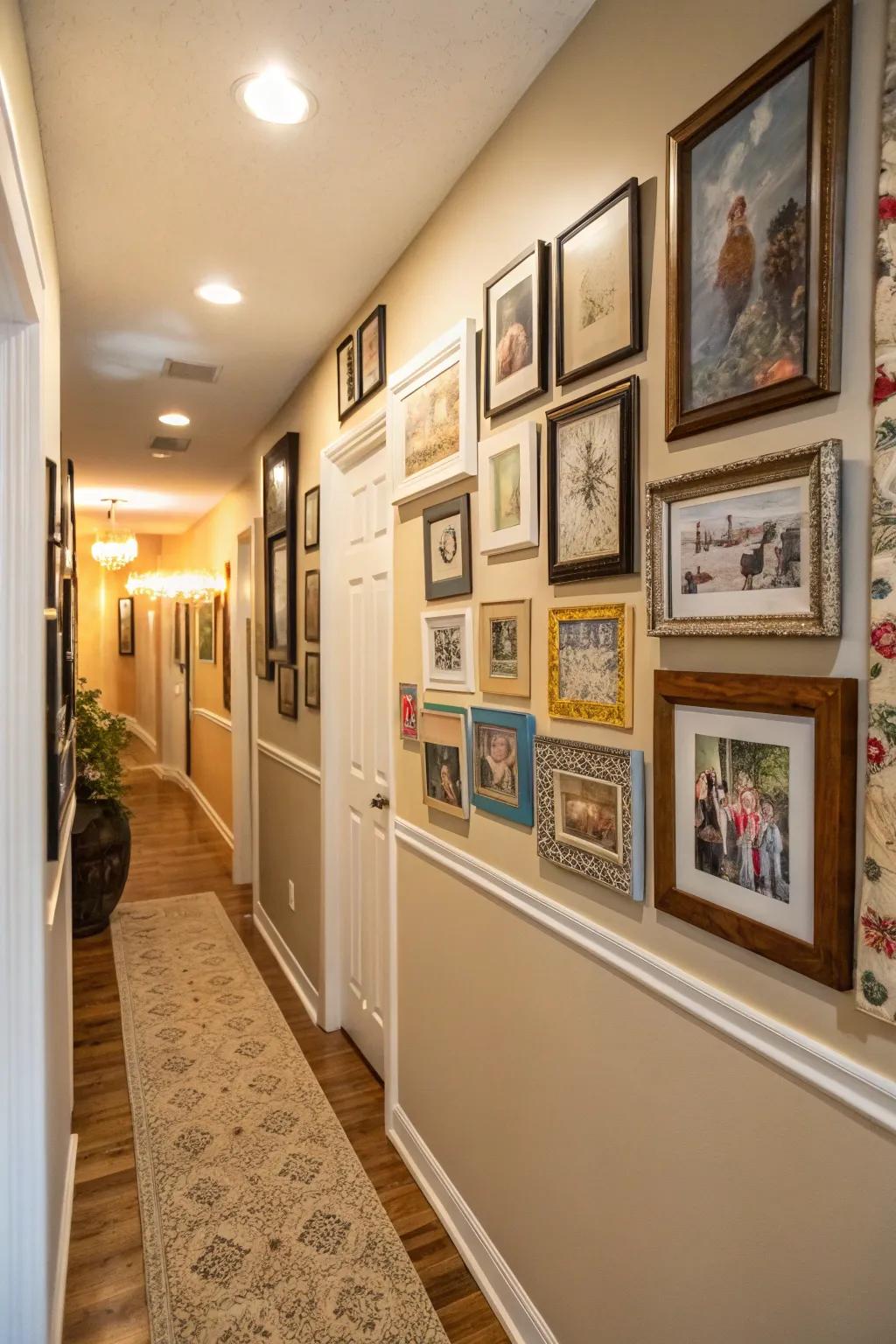 A hallway transformed into a personal art gallery with diverse frames and art pieces.