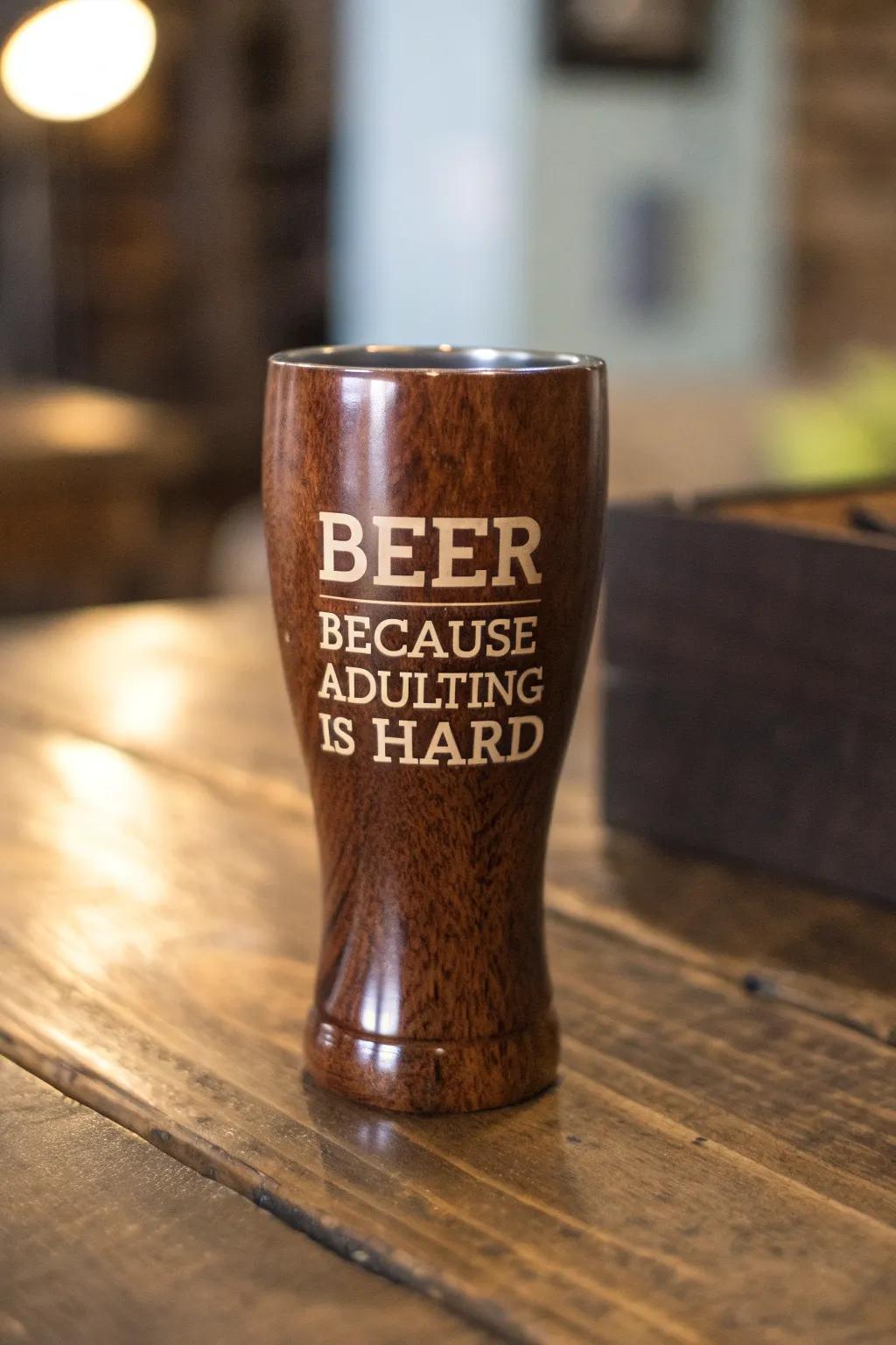 Raise a smile with every sip: 'Beer: Because Adulting is Hard'.