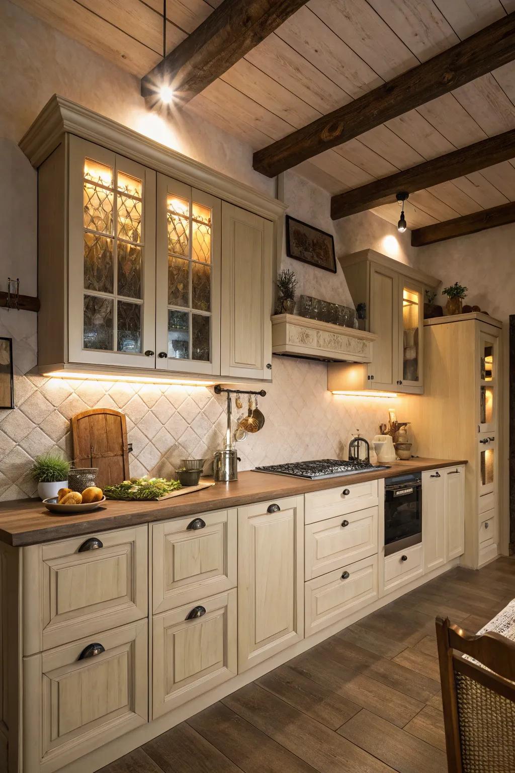 A warm and inviting kitchen space with beige cabinets.
