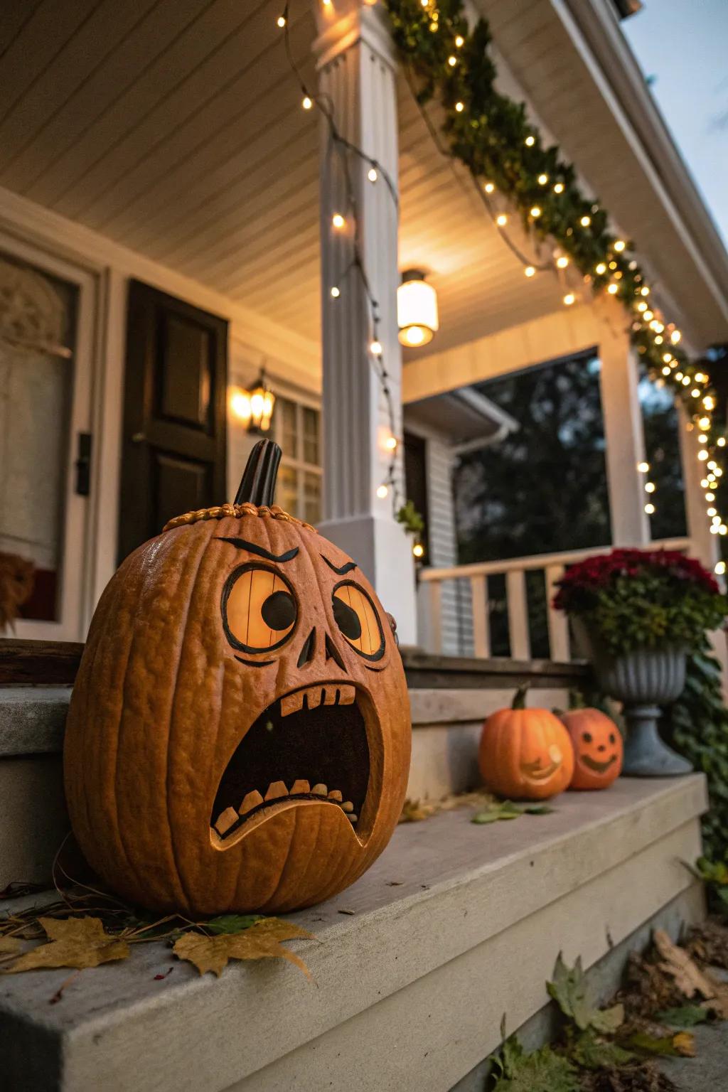 Pumpkins showcasing exaggerated expressions of surprise and anger.