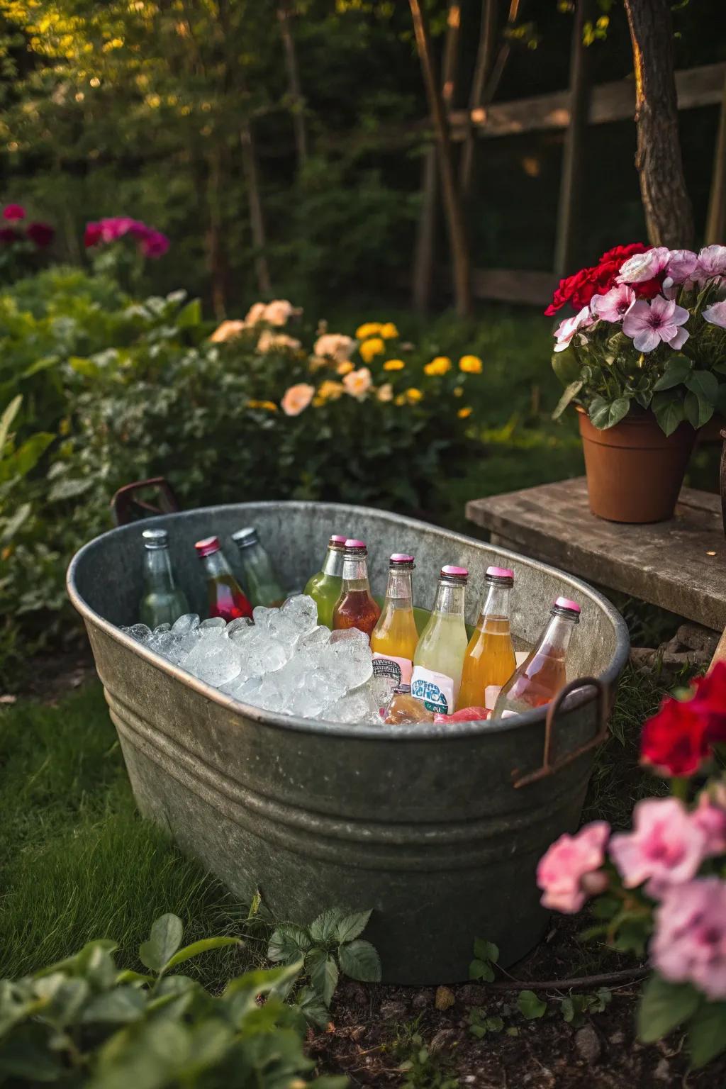 Galvanized tub adding vintage charm to a garden party.