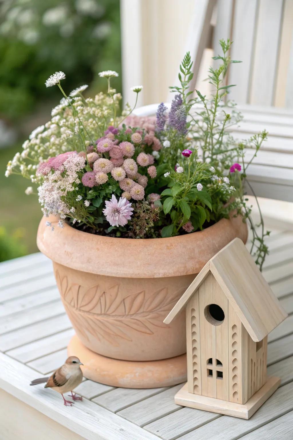 Elevate your garden with a charming blend of blooms and birds. 🌸🐦