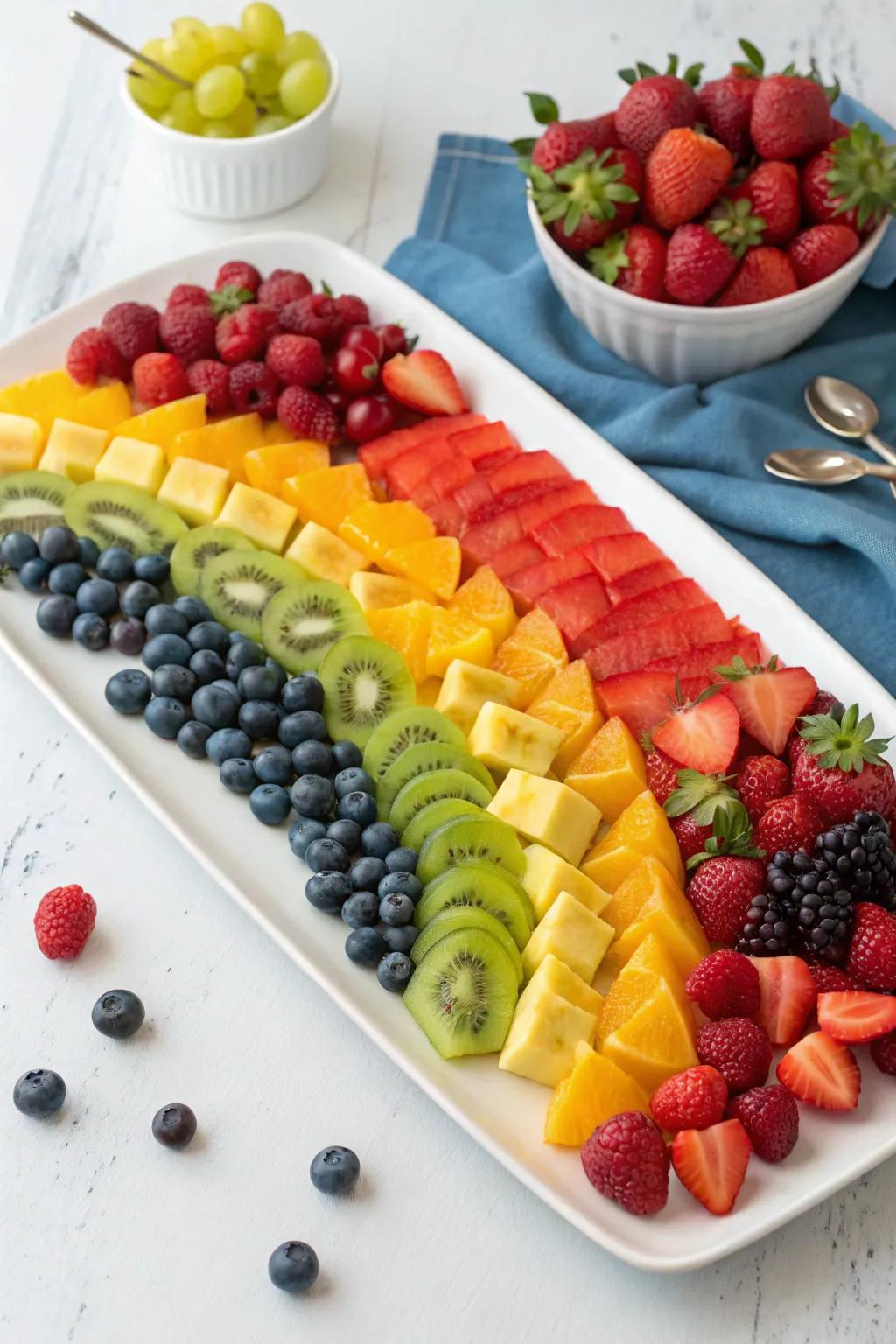 A vibrant rainbow fruit platter, perfect for any birthday celebration.