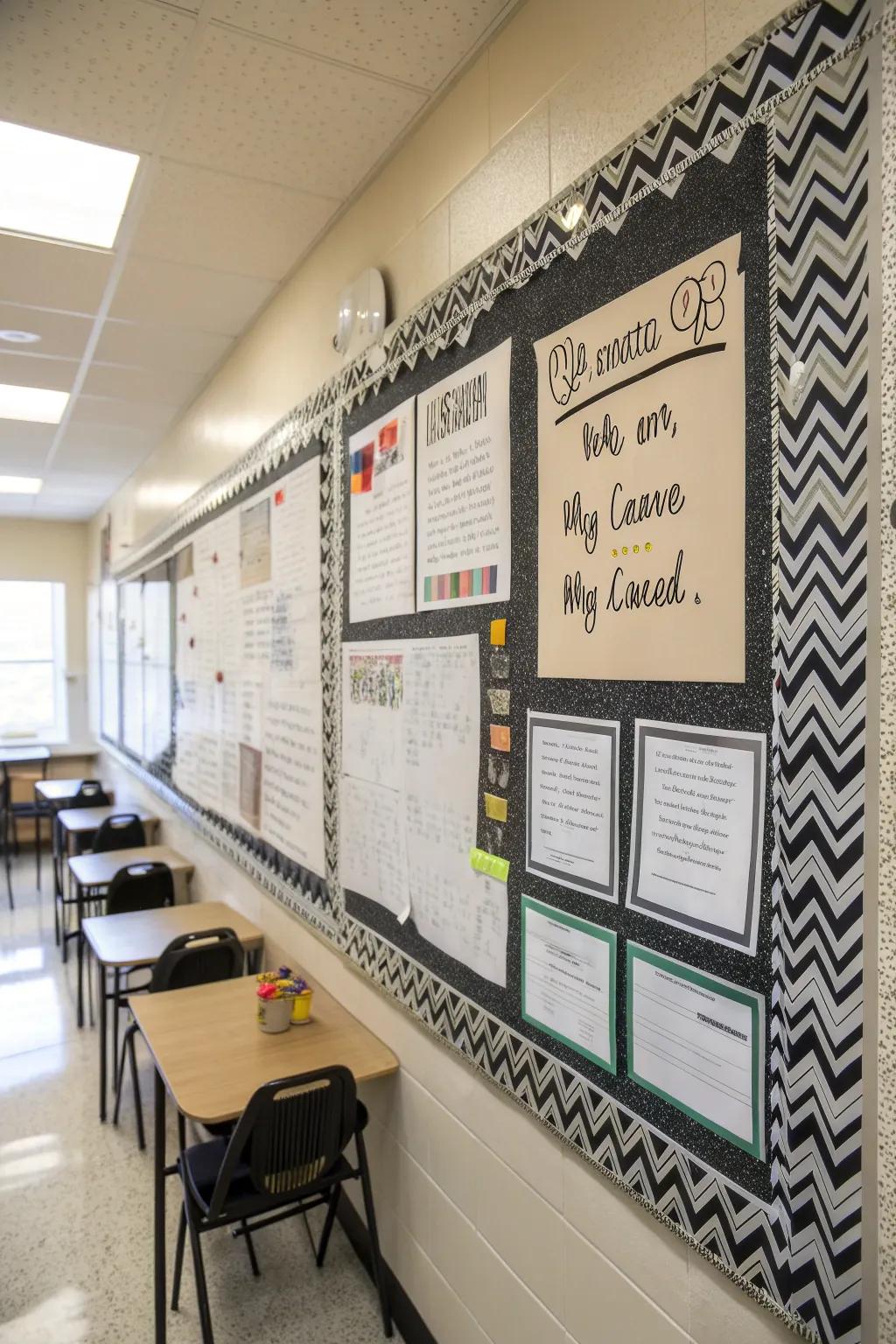 A chic bulletin board with monochrome patterns and motivational quotes.