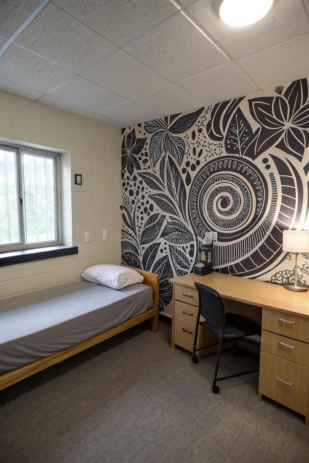 A statement wall adds depth and character to a dorm room.