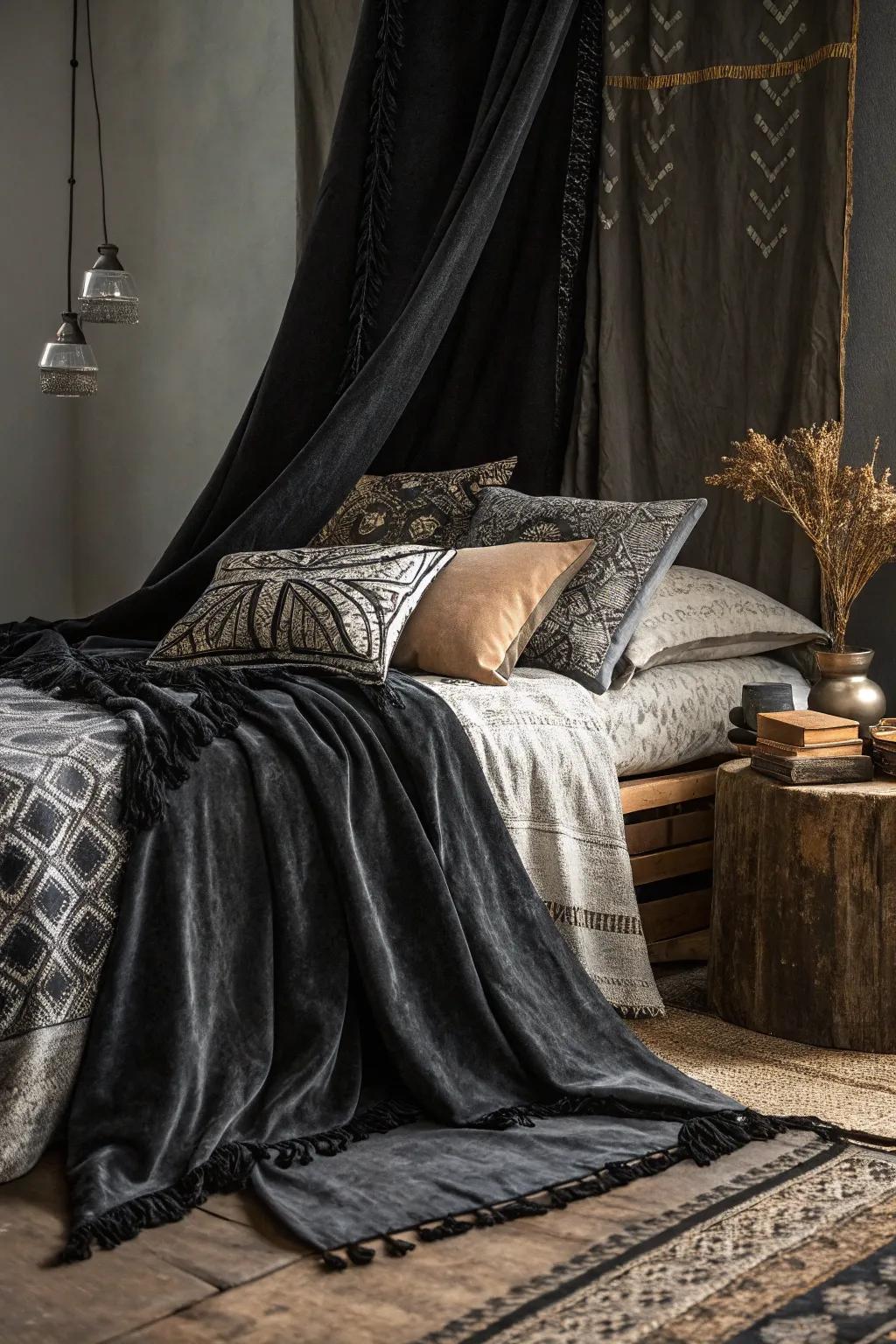 Layered textiles bring warmth and depth to a black boho bedroom.