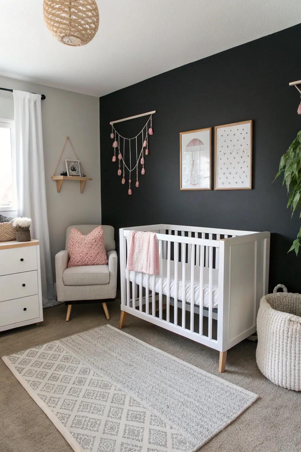 A striking black accent wall sets the foundation for a sophisticated nursery.