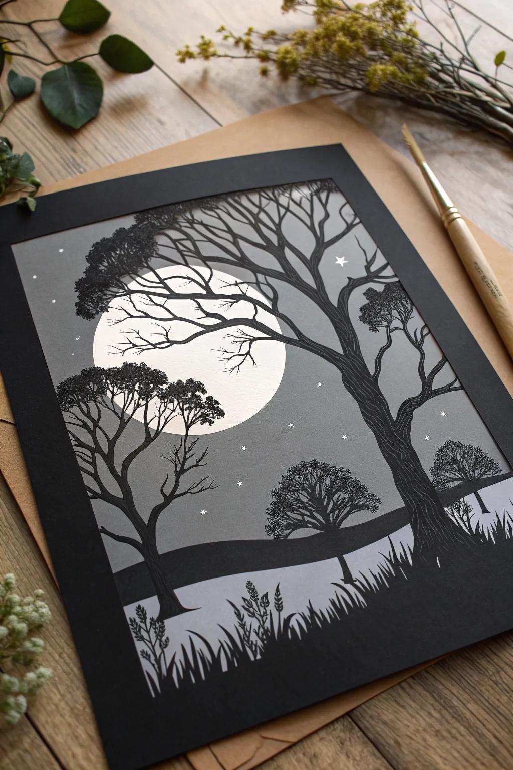 Discover tranquility with mystical nature scenes in black paper art, perfect for your serene spaces.