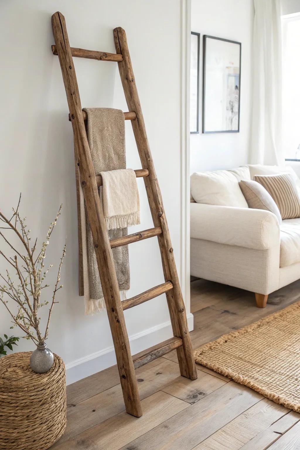 Elevate your space with the rustic charm of a reclaimed wooden ladder. Perfect for cozy blanket displays!