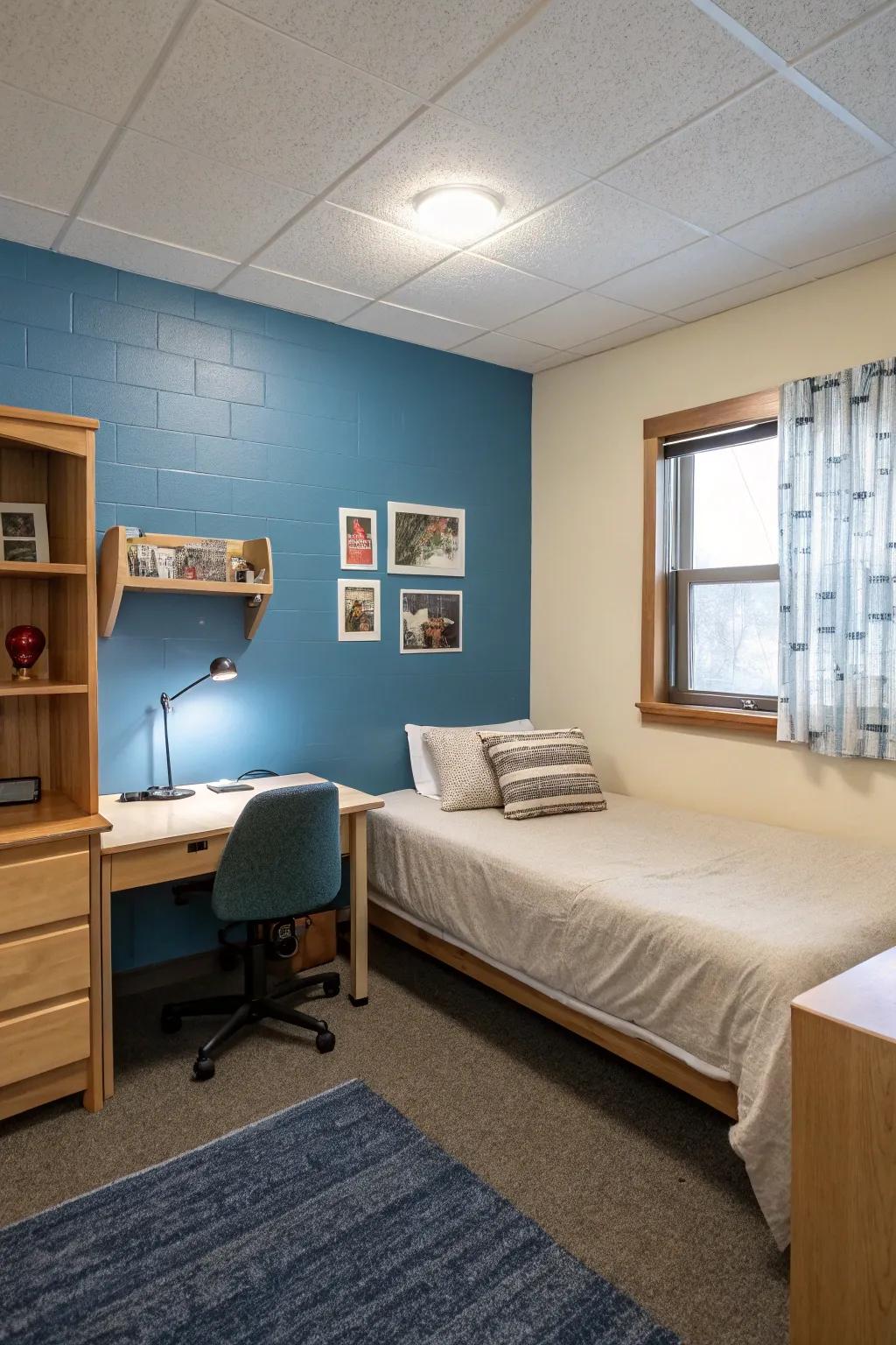 A blue accent wall adds depth and character to your dorm room.
