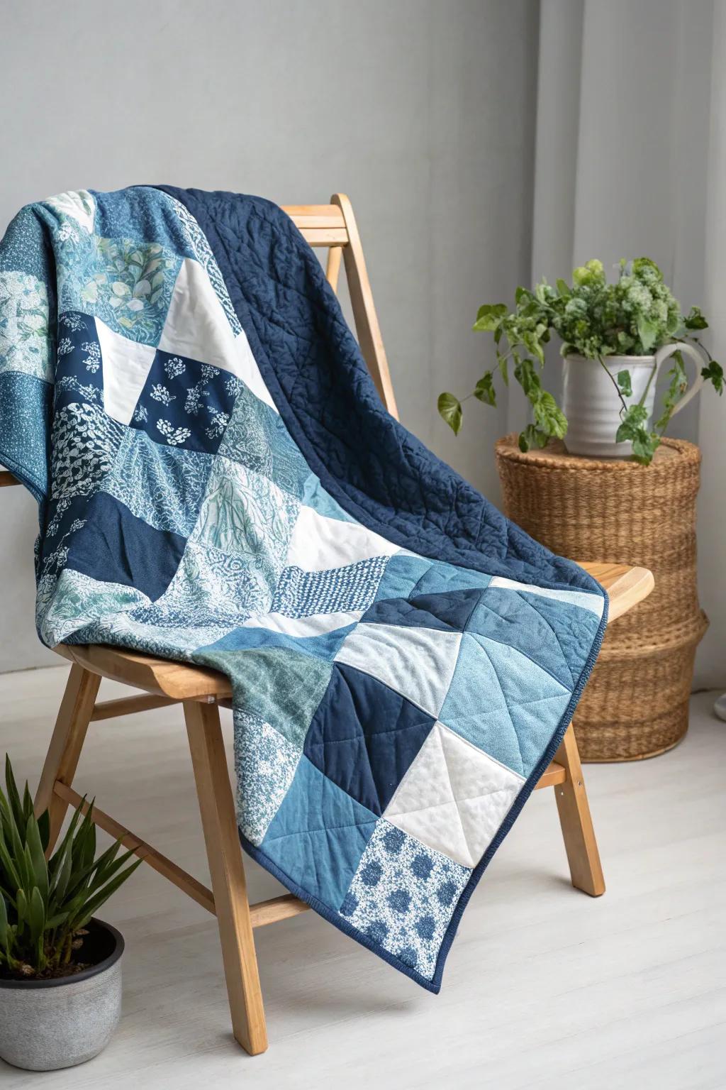 Embrace timeless elegance with this classic blue and white patchwork quilt, where simplicity meets vibrant craftsmanship.