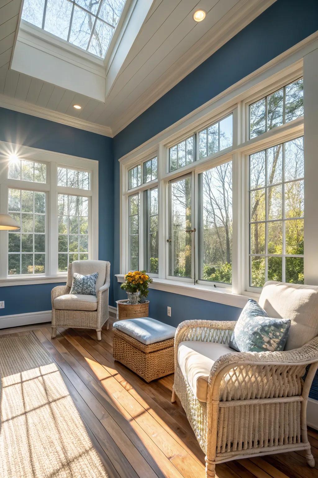 Classic blue walls set a soothing tone in this sunroom.