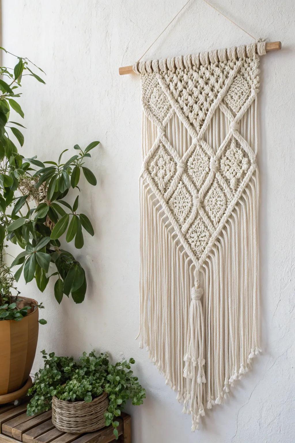 Elevate your space with the timeless charm of a handcrafted macramé wall hanging, where simplicity meets bohemian elegance.