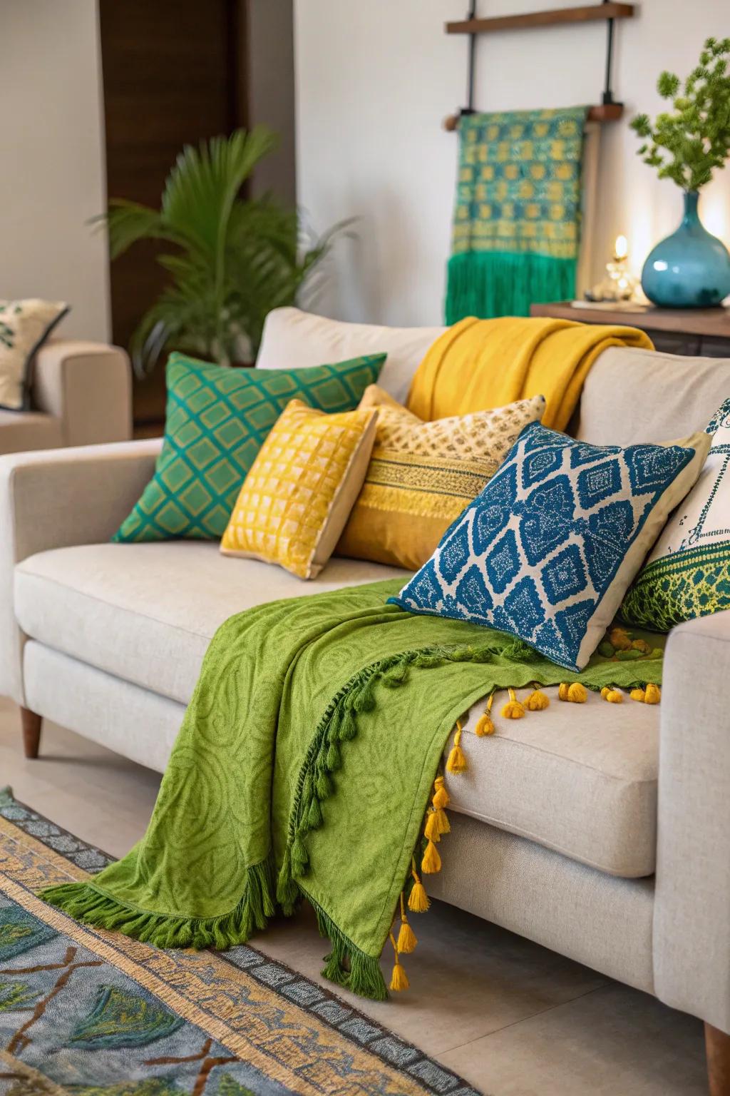 A neutral living room brought to life with cushions and throws in Brazilian flag colors.
