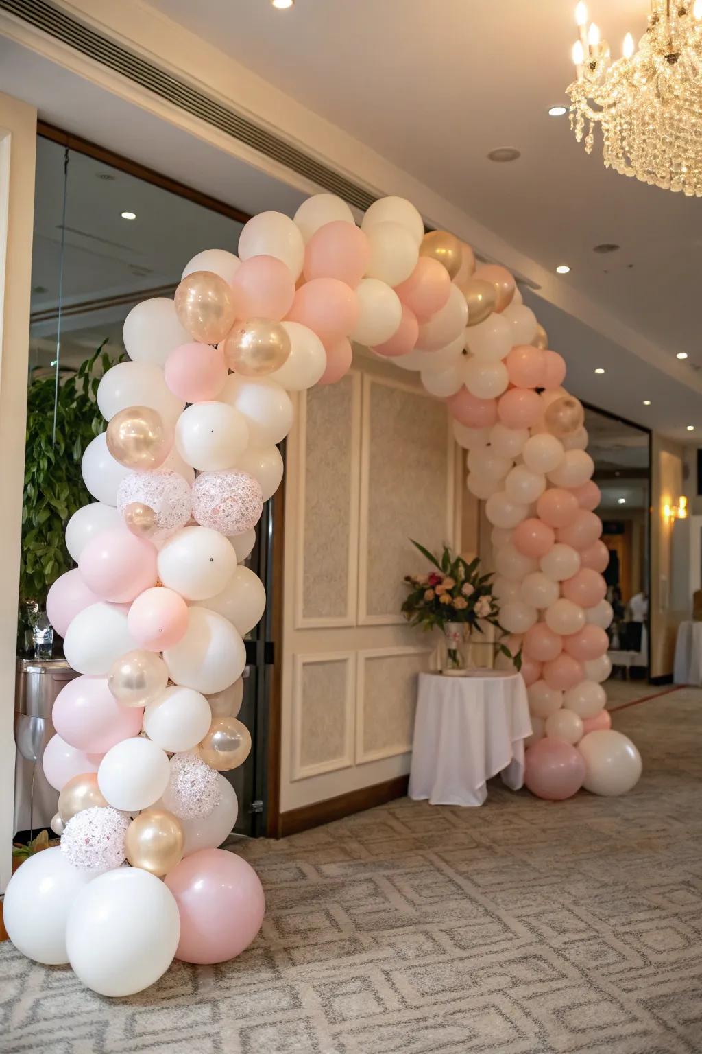 A dreamy pastel balloon arch for an elegant bridal shower.