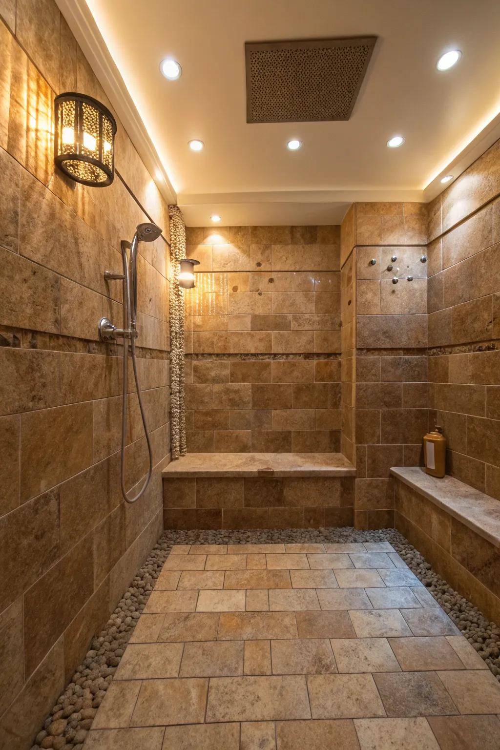 Natural stone tiles in brown shades create an inviting and earthy shower space.