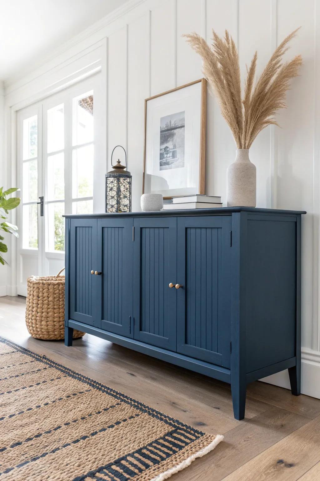 Transform your space with a bold color refresh: this navy blue buffet makes a stunning statement in minimalist design.