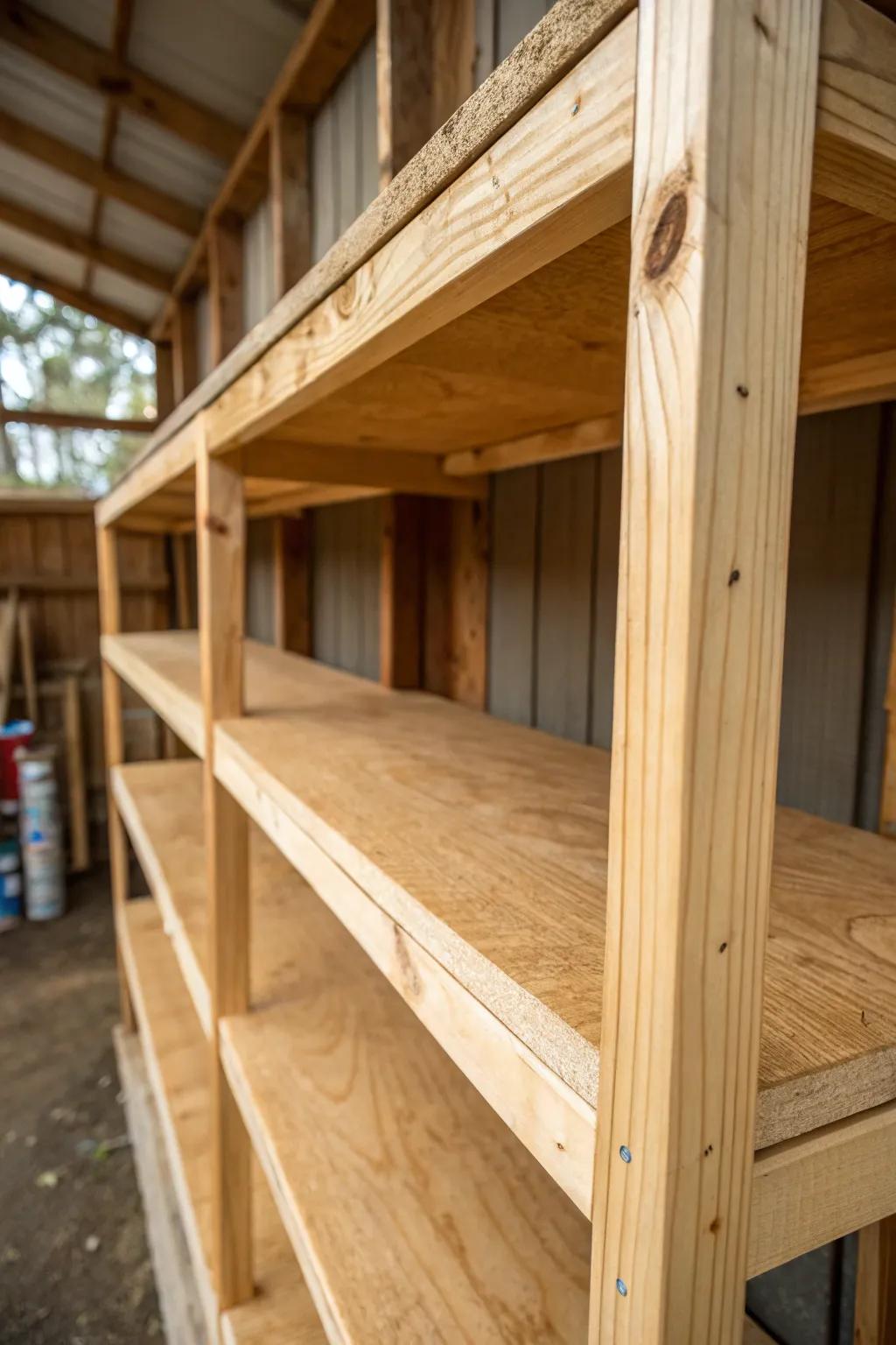 Elevate your shed with these simple, rustic wooden shelves—perfect harmony of craftsmanship and style.