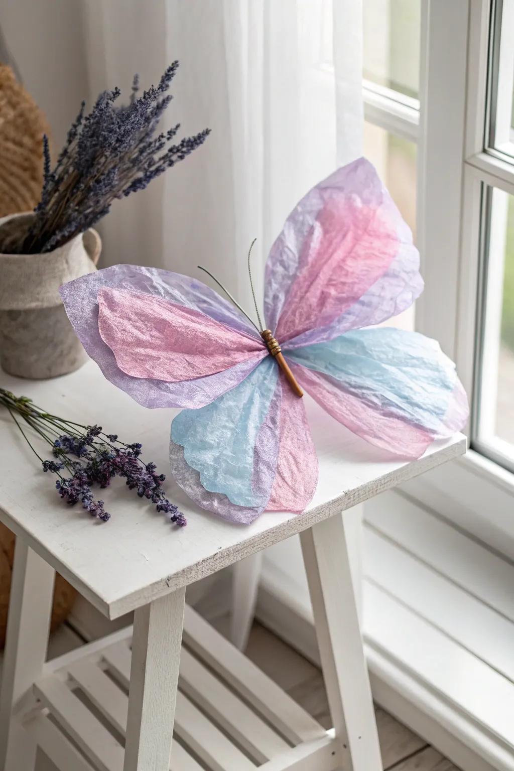 Delicate elegance: A tissue paper butterfly that captures the light and imagination.