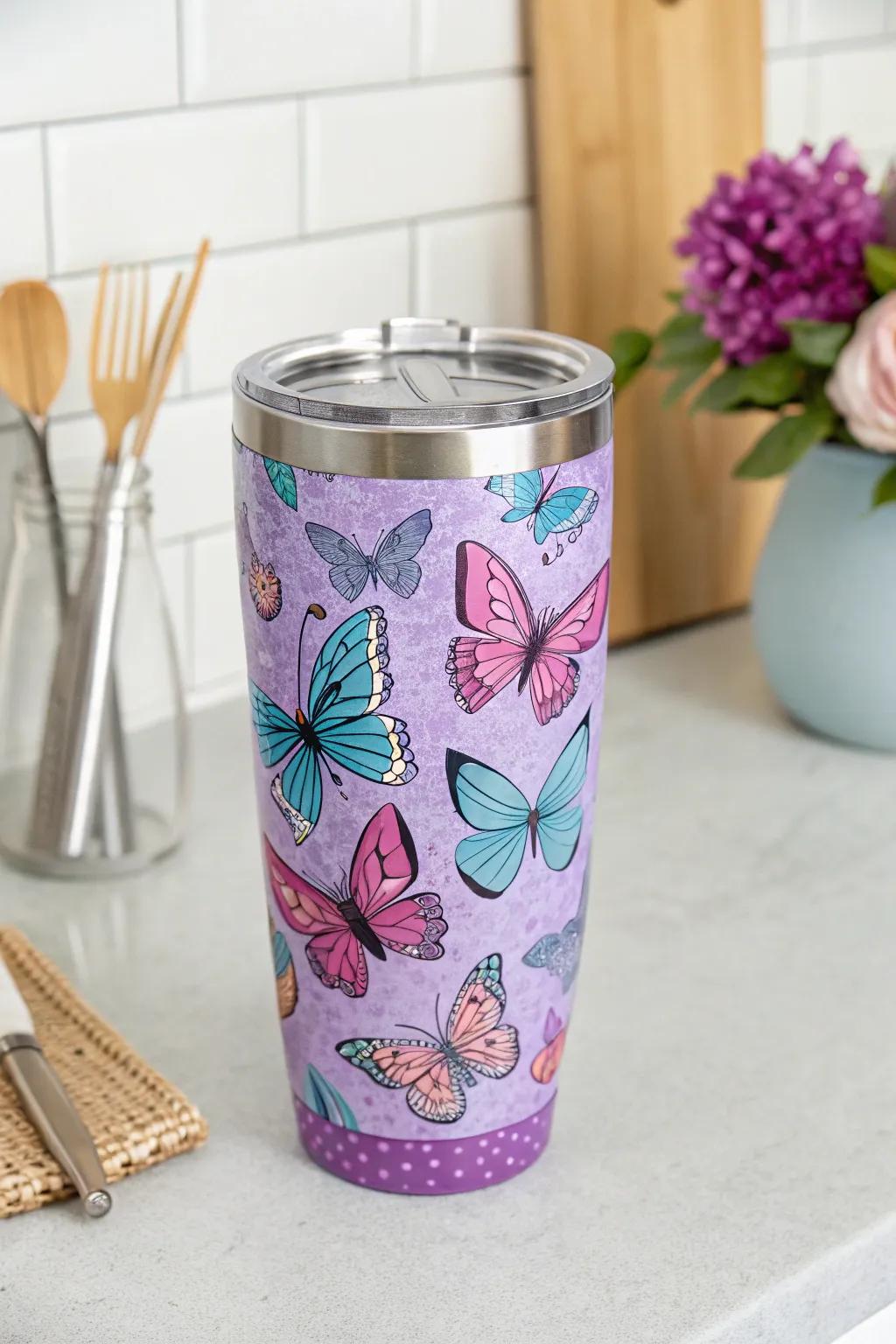 Brighten up your mornings with a vibrant butterfly tumbler in stunning hues.