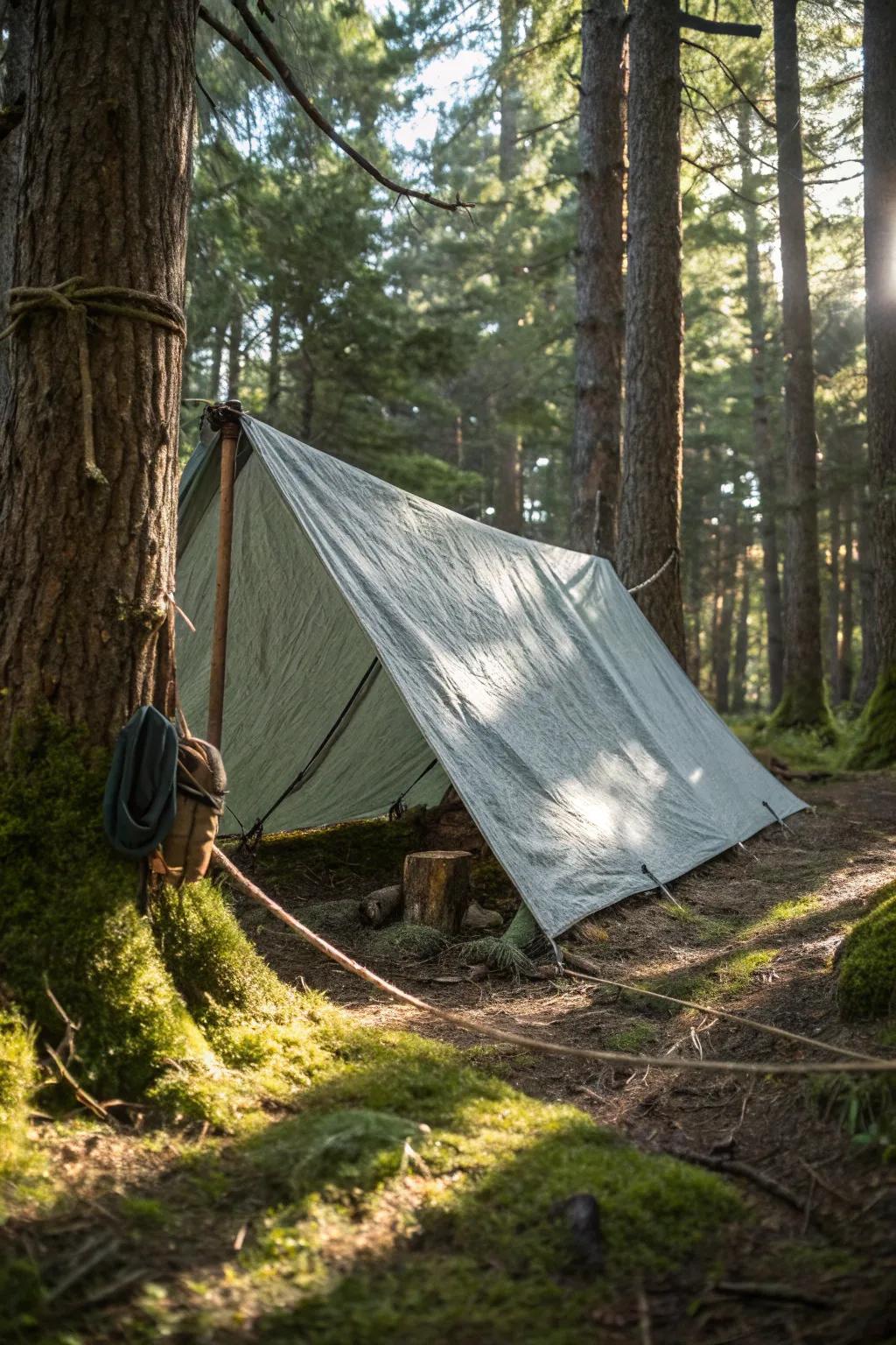 Embrace the art of simplicity with a classic tarp shelter, where nature meets craftsmanship.
