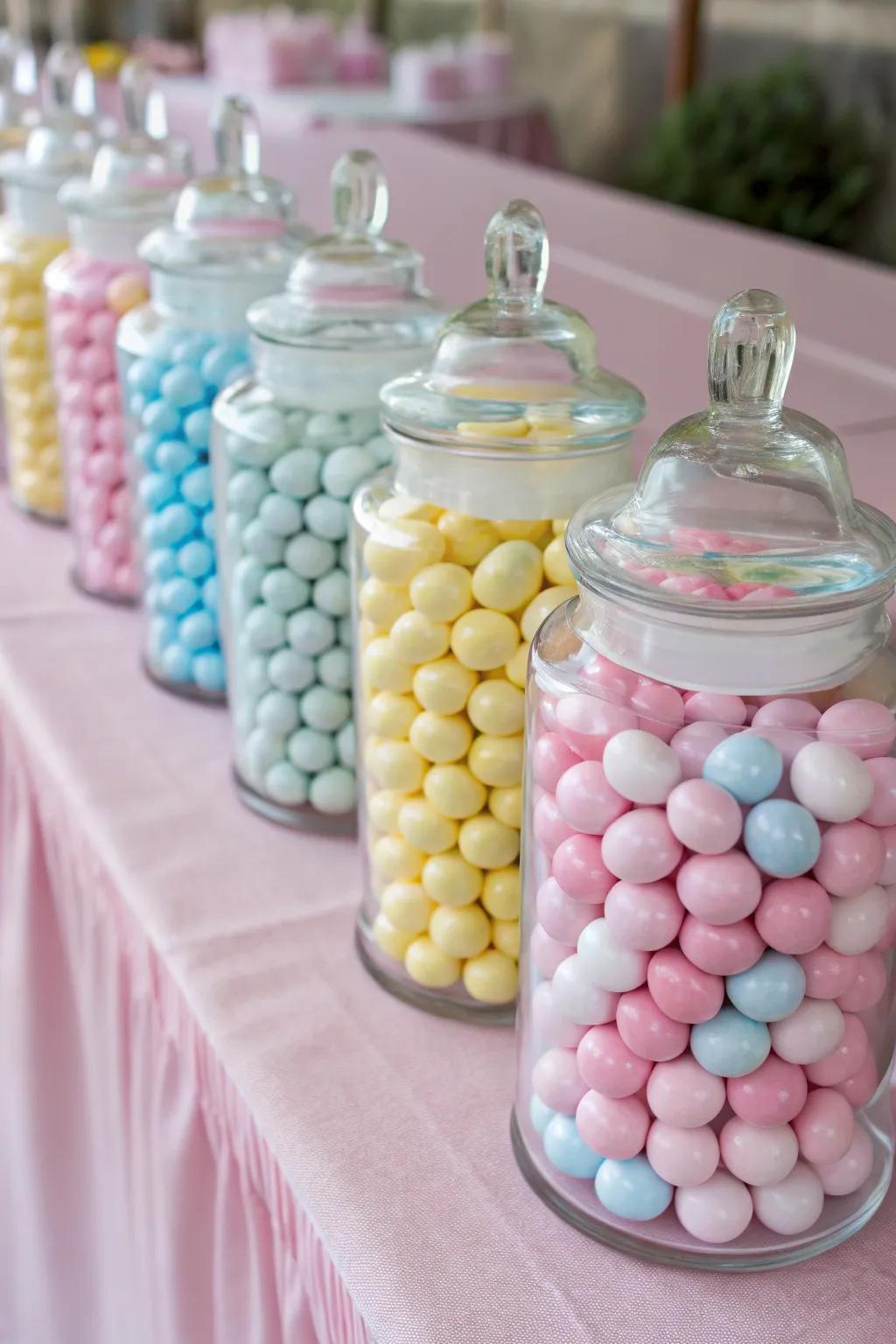 Pastel candy jars creating a harmonious candy bar.