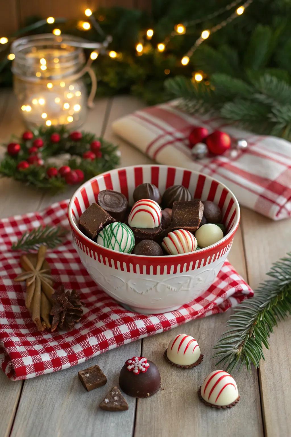 A homemade peppermint candy bowl adds a festive touch to holiday decor.