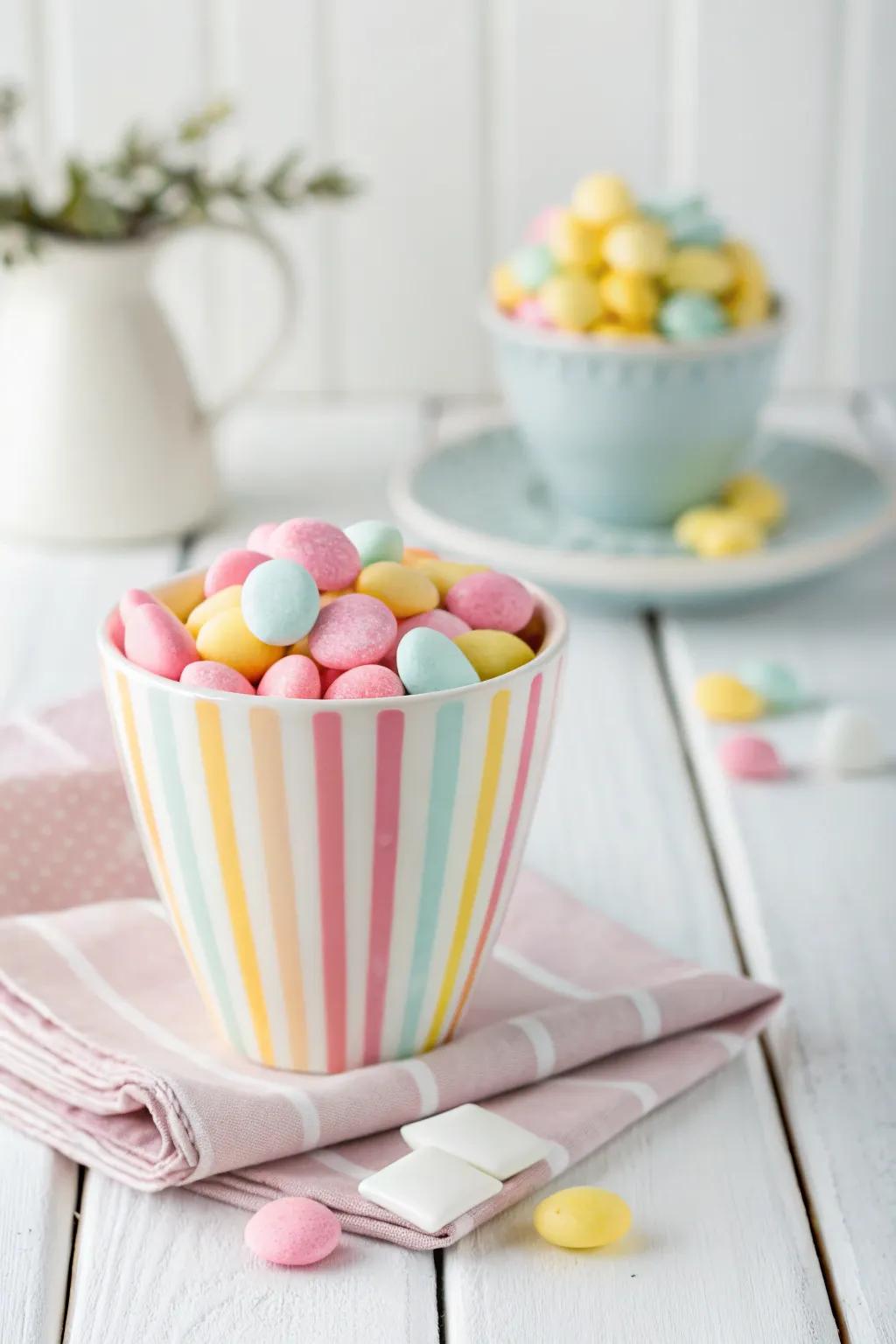 Delight your guests with these charming striped cups of joy, perfect for a candy party favor with a minimalist twist.