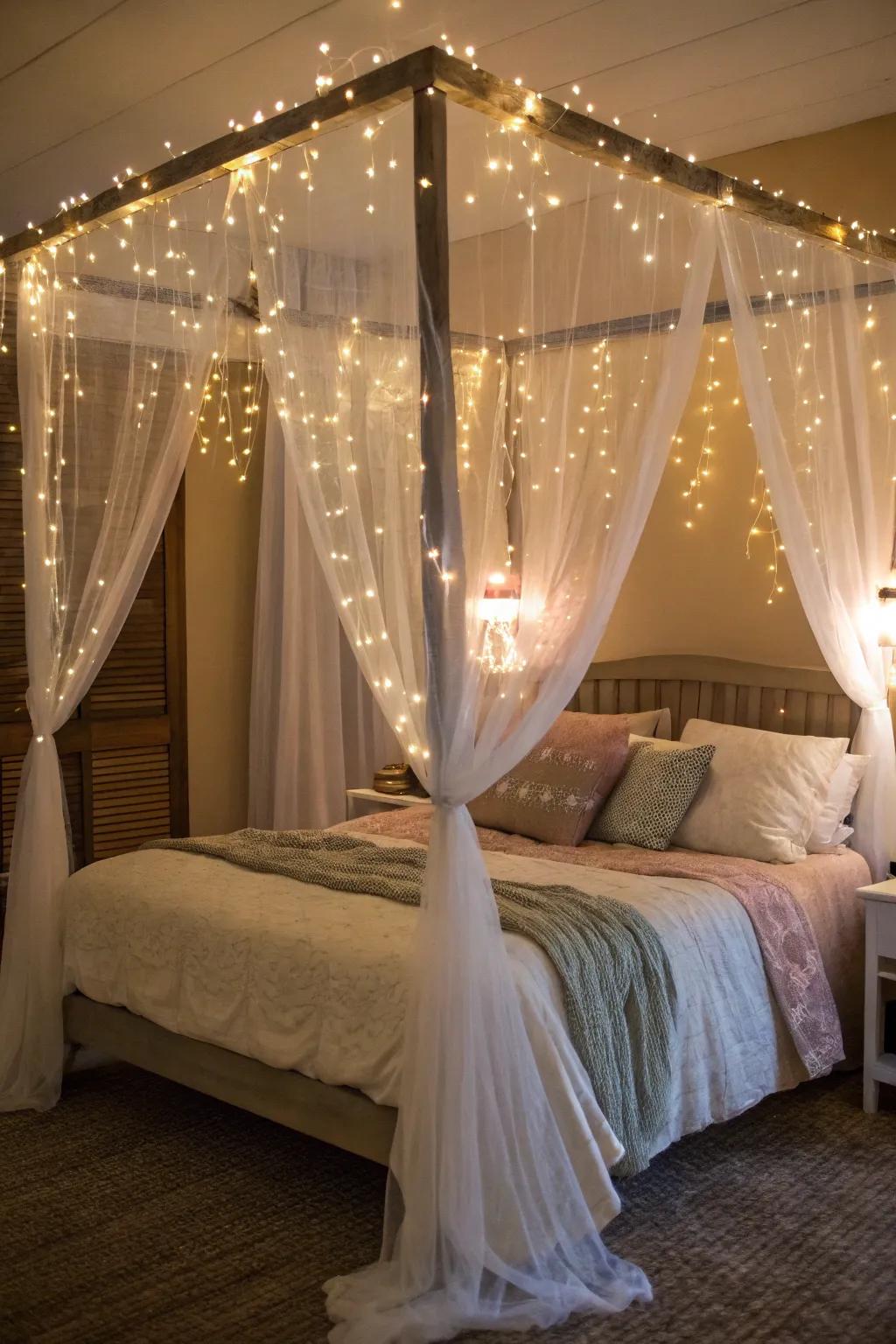 Fairy lights draped around a canopy bed create a magical nighttime retreat.