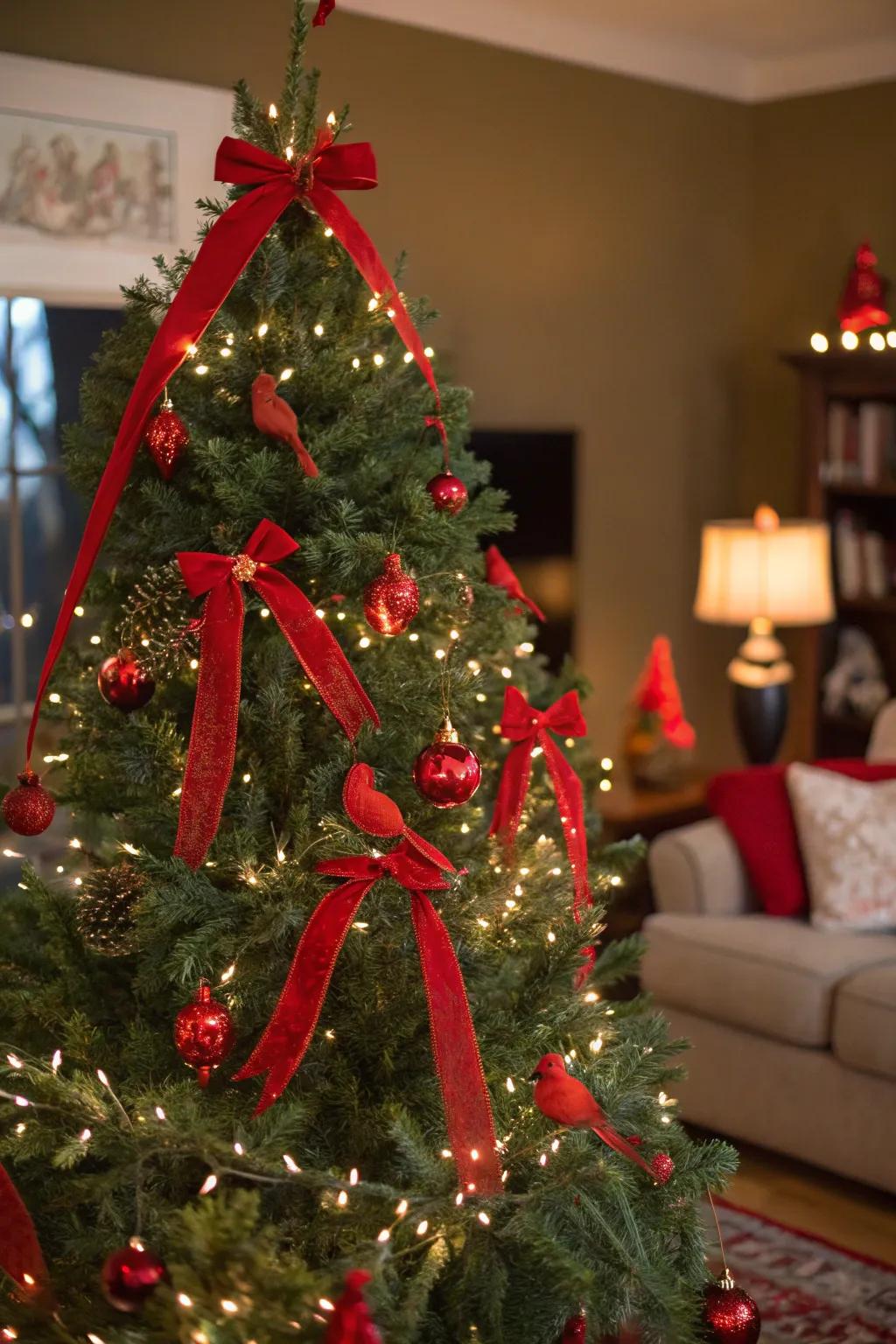 A tree adorned with vibrant cardinal reds.