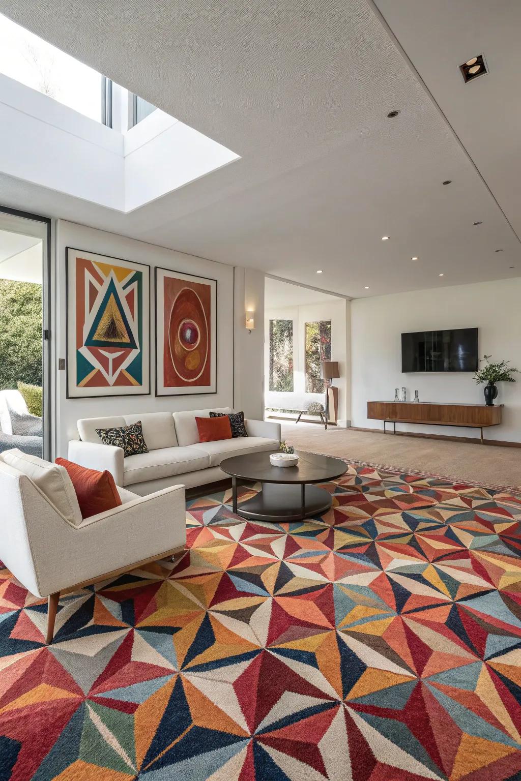 A living room with a bold geometric carpet design.