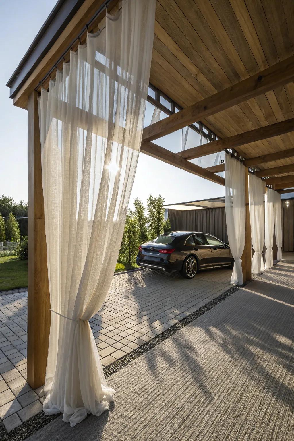 Experience sheer elegance with these stunning carport curtains, blending privacy with natural light.