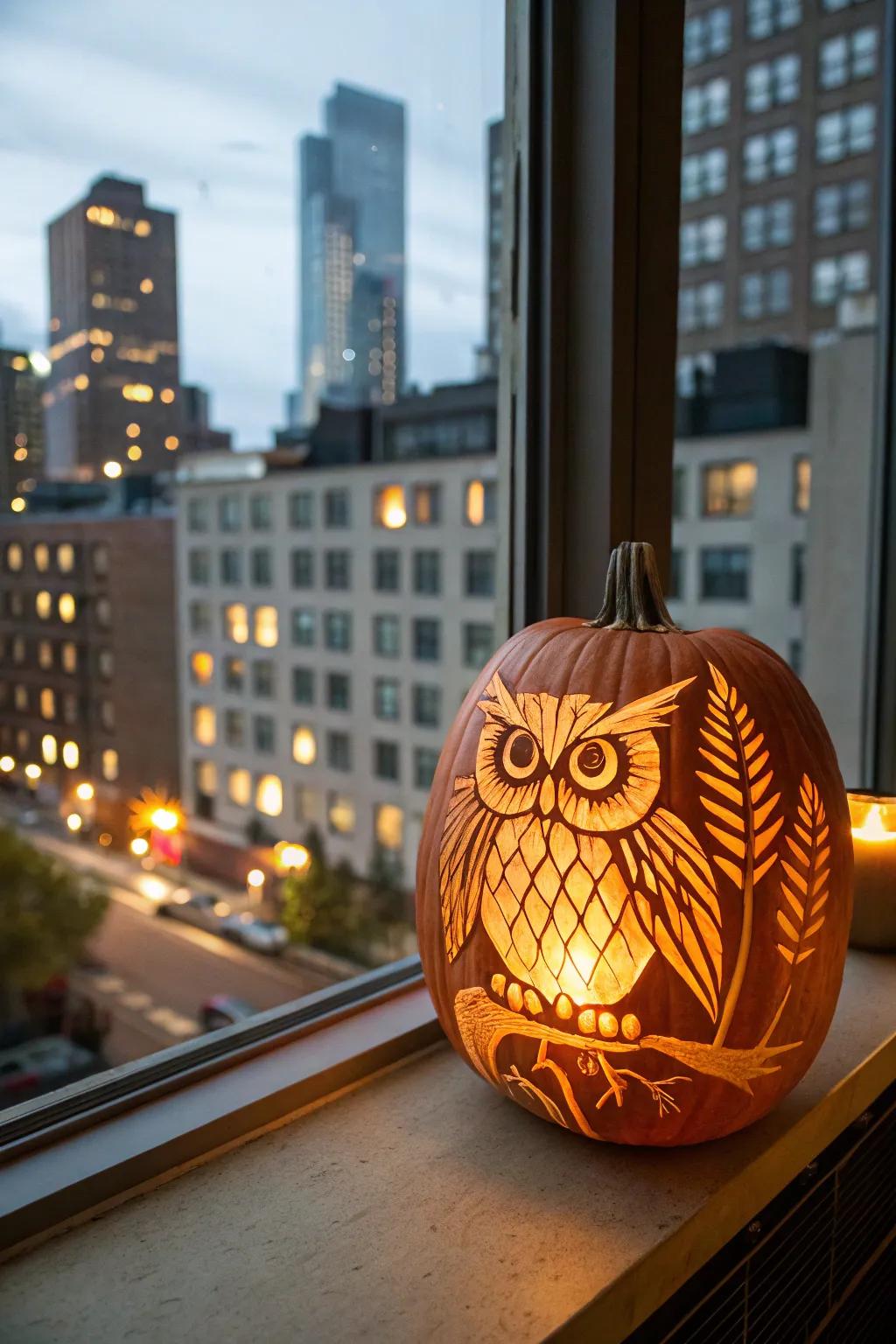 An enchanting owl pumpkin lights up the evening.