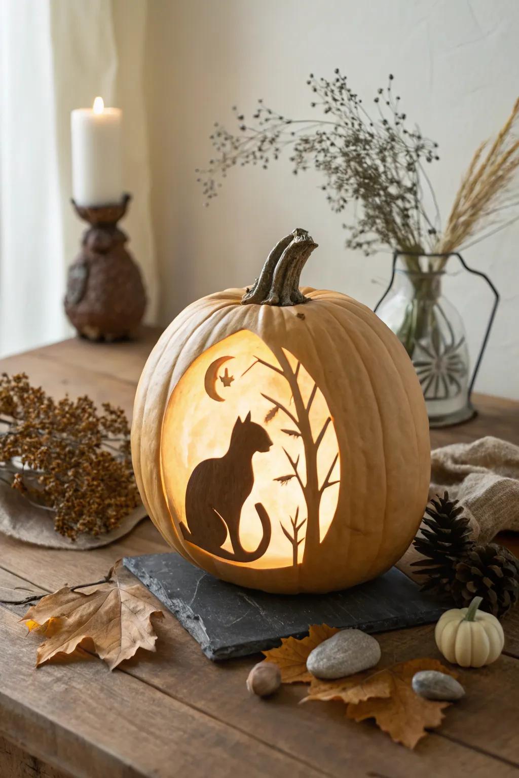 Embrace the simplicity of autumn nights with this classic cat silhouette carving. Perfect for adding a touch of elegance to your fall decor.