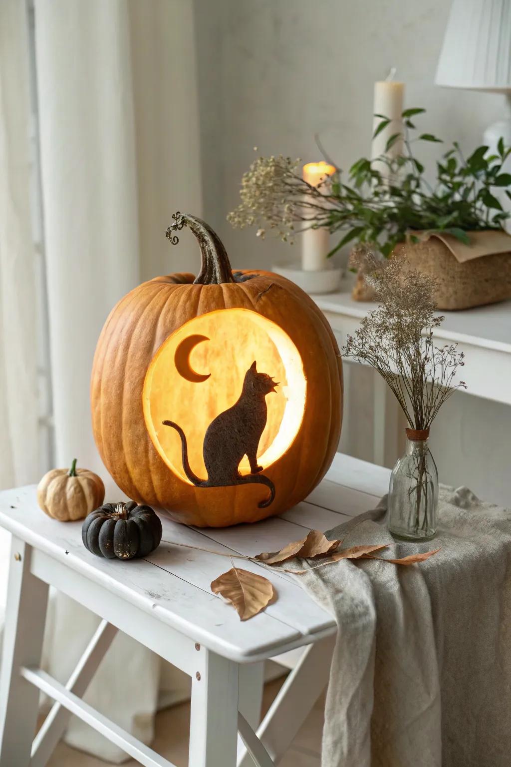 Enchant your space with a whimsical cat silhouette pumpkin, perfect for a cozy, minimalist Halloween!
